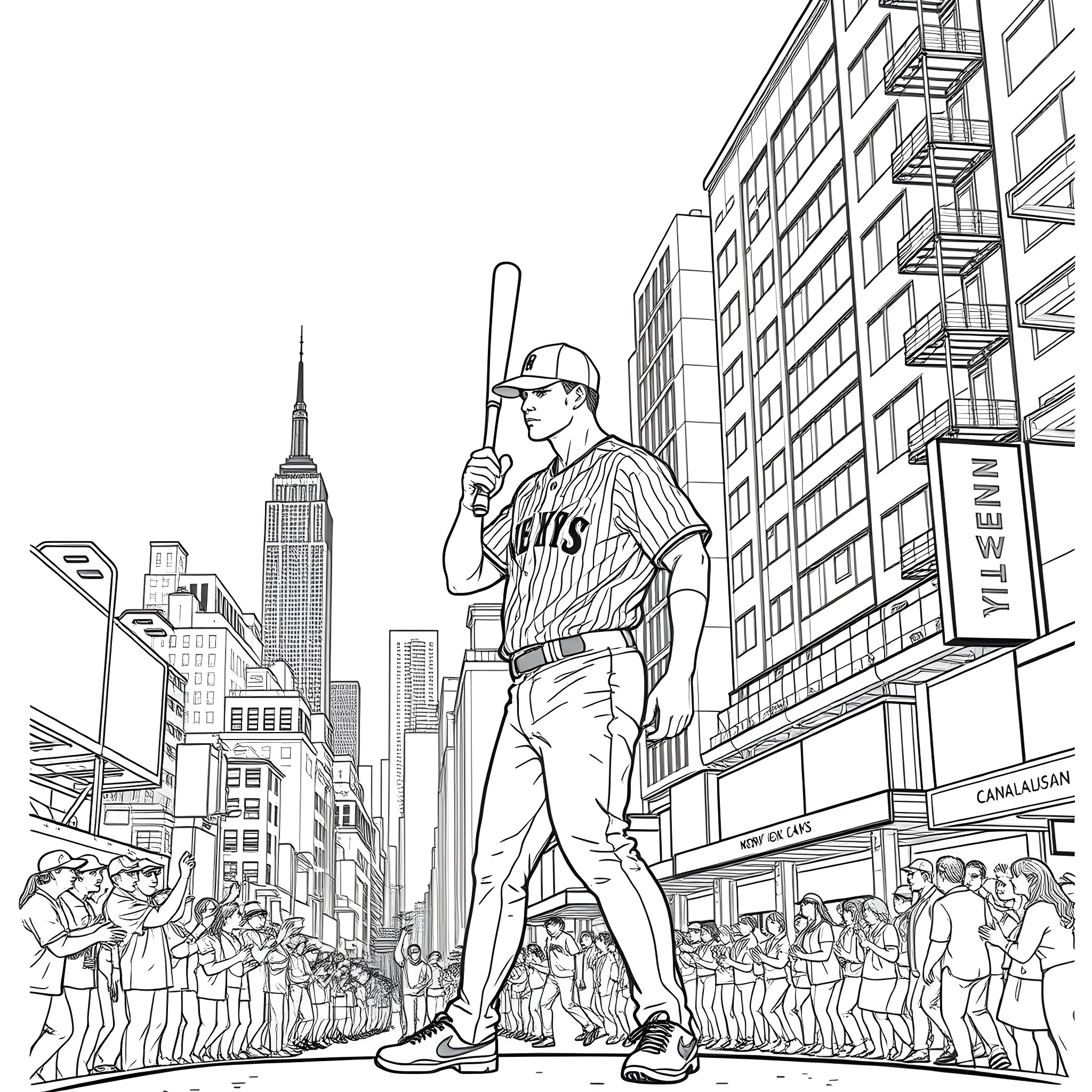 Baseball Player Celebrating Victory in the City Coloring Page (free black-and-white line drawing printable PDF for all, from beginners to advanced learners, including children, teens, adults, and seniors)