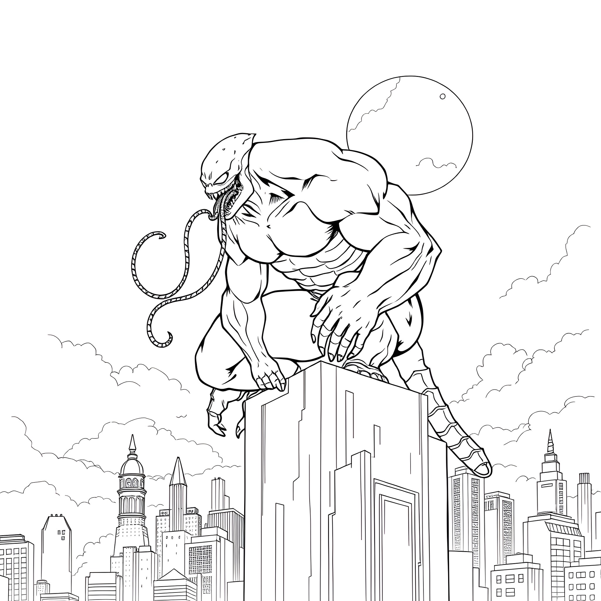 Venom: Massive Symbiote Looming Over the City Coloring Page (free black-and-white line drawing printable PDF for all, from beginners to advanced learners, including children, teens, adults, and seniors)