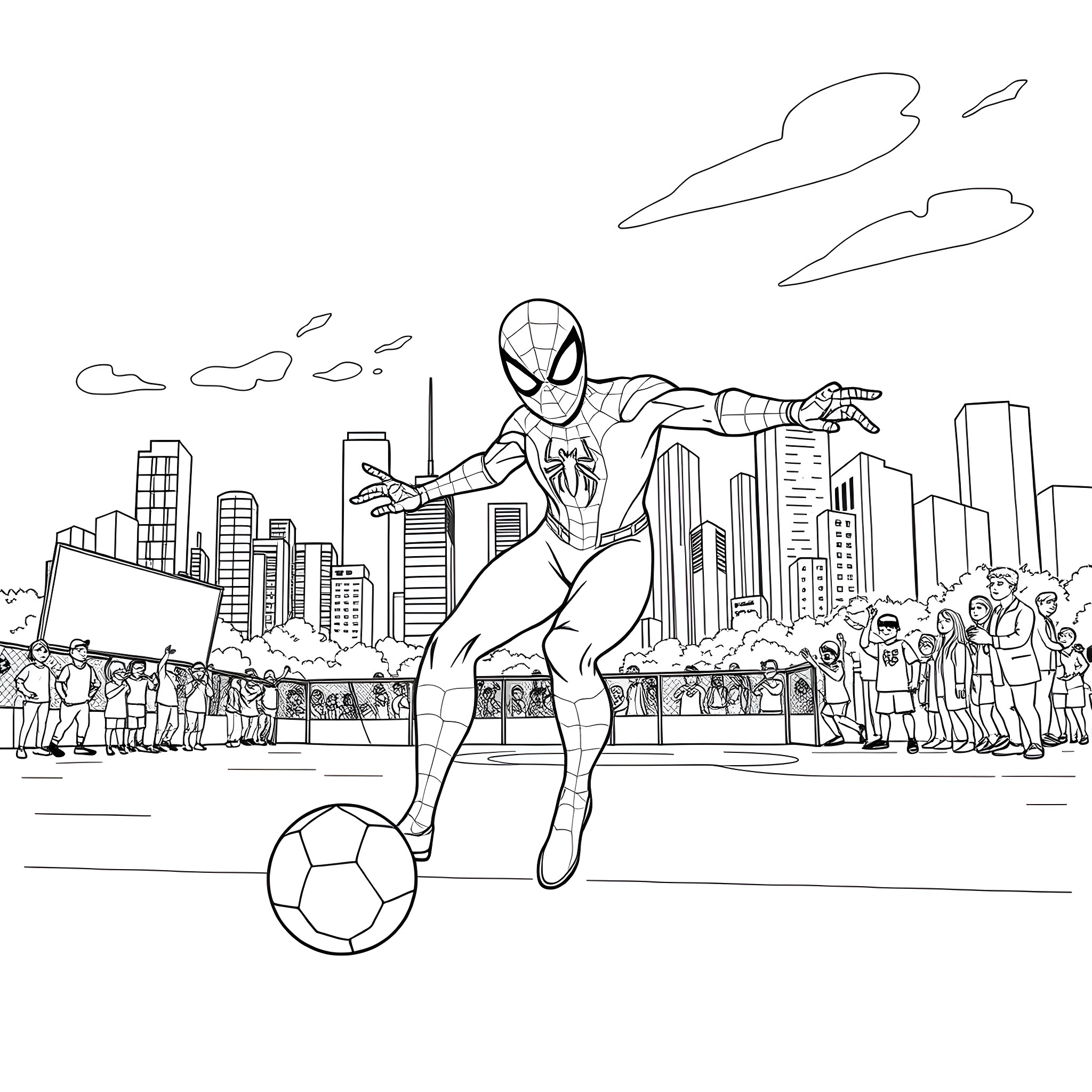Spider-Man kicks soccer ball in city skyline Coloring Page (free black-and-white line drawing printable PDF for all, from beginners to advanced learners, including children, teens, adults, and seniors)