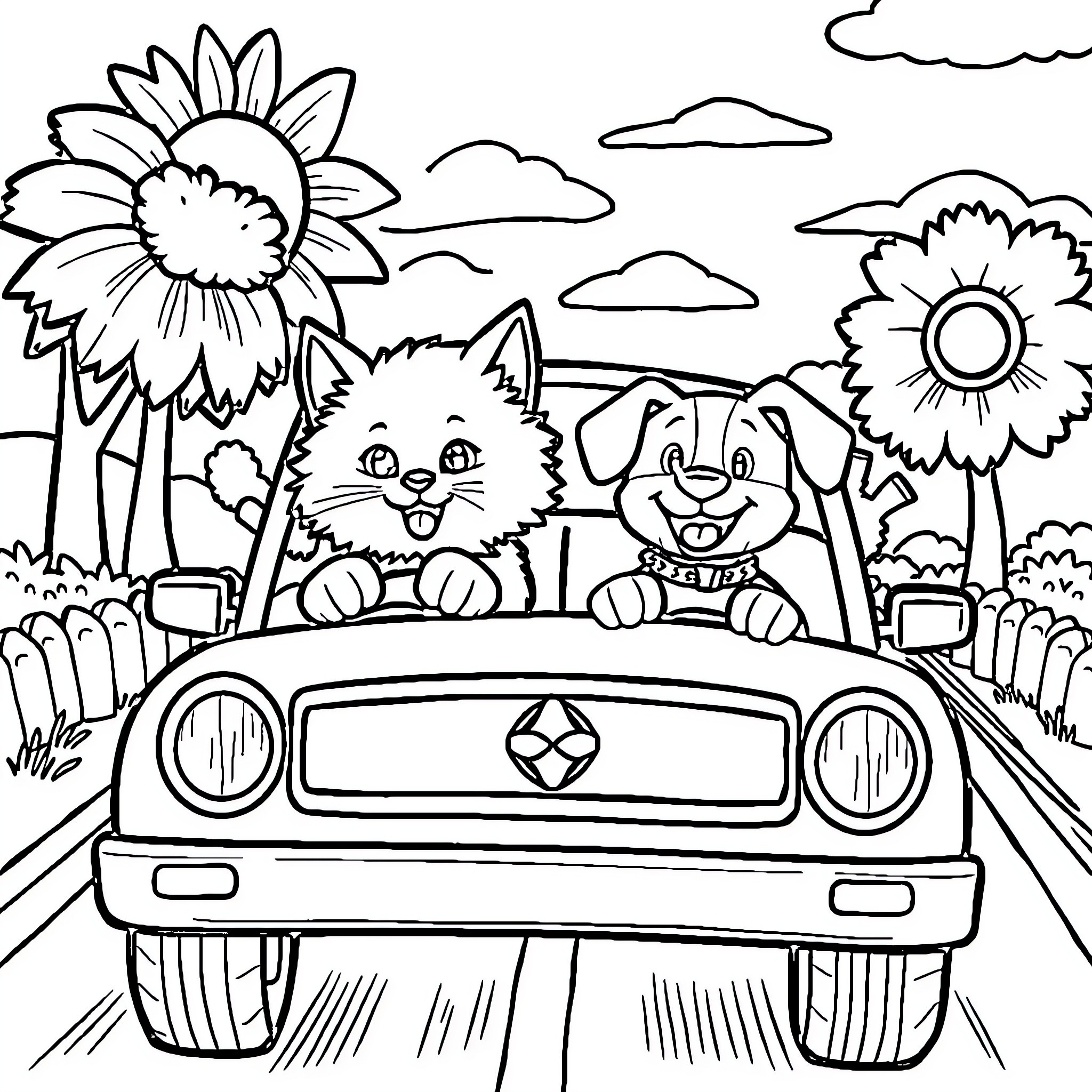 Cat and Dog Riding in a Car on a Sunny Day Coloring Page (free black-and-white line drawing printable PDF for all, from beginners to advanced learners, including children, teens, adults, and seniors)