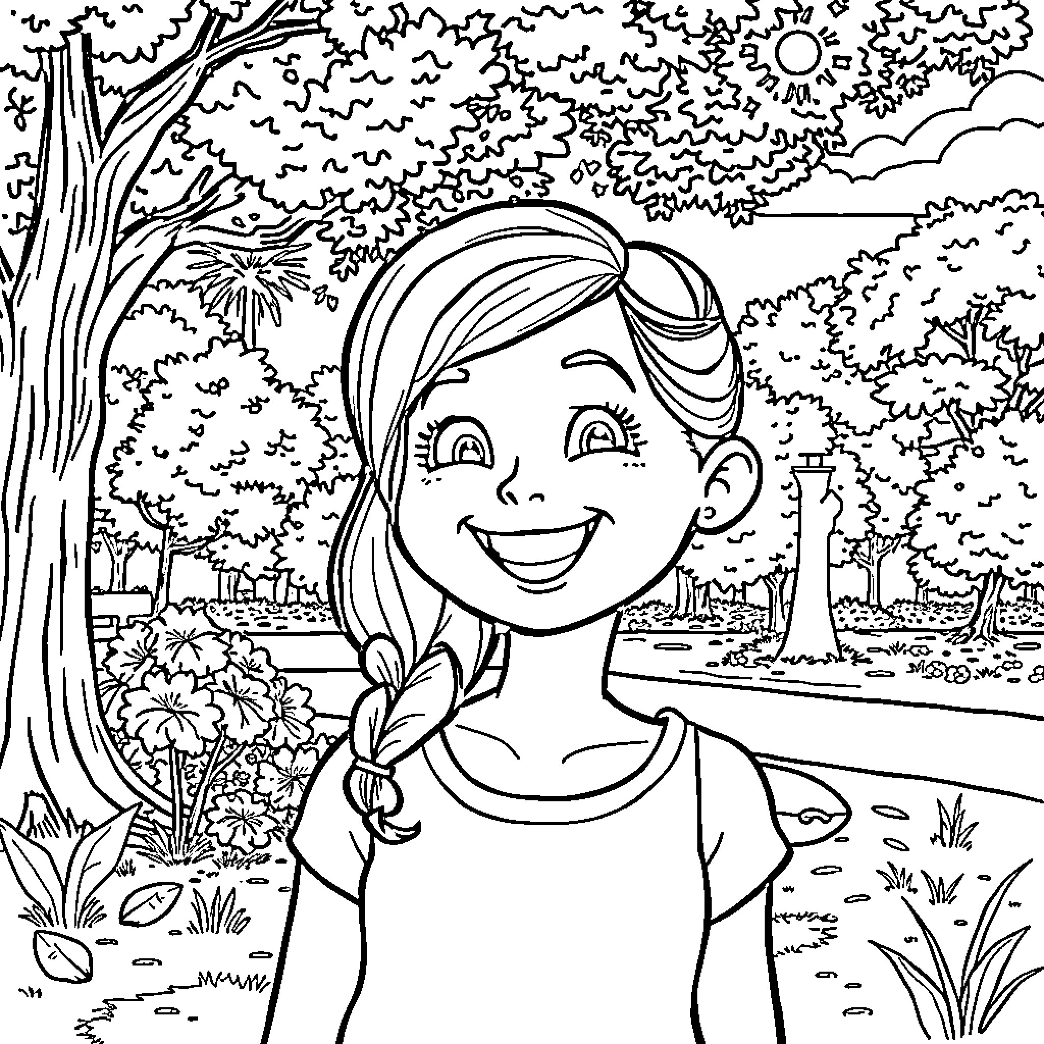 Kaylee Enjoying Outdoor Adventure Coloring Page (free black-and-white line drawing printable PDF for all, from beginners to advanced learners, including children, teens, adults, and seniors)