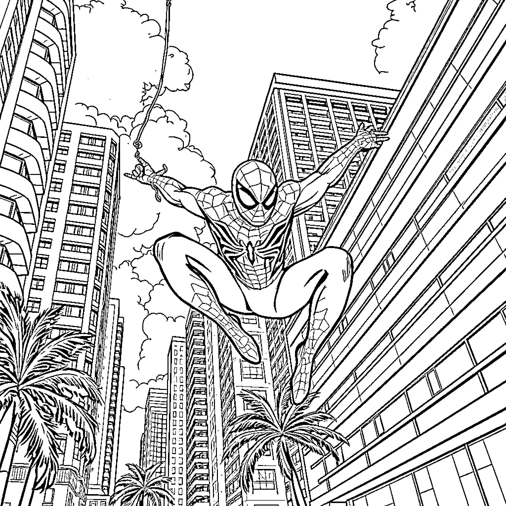 Spidey Swings through Towering Cityscape Coloring Page (free black-and-white line drawing printable PDF for all, from beginners to advanced learners, including children, teens, adults, and seniors)
