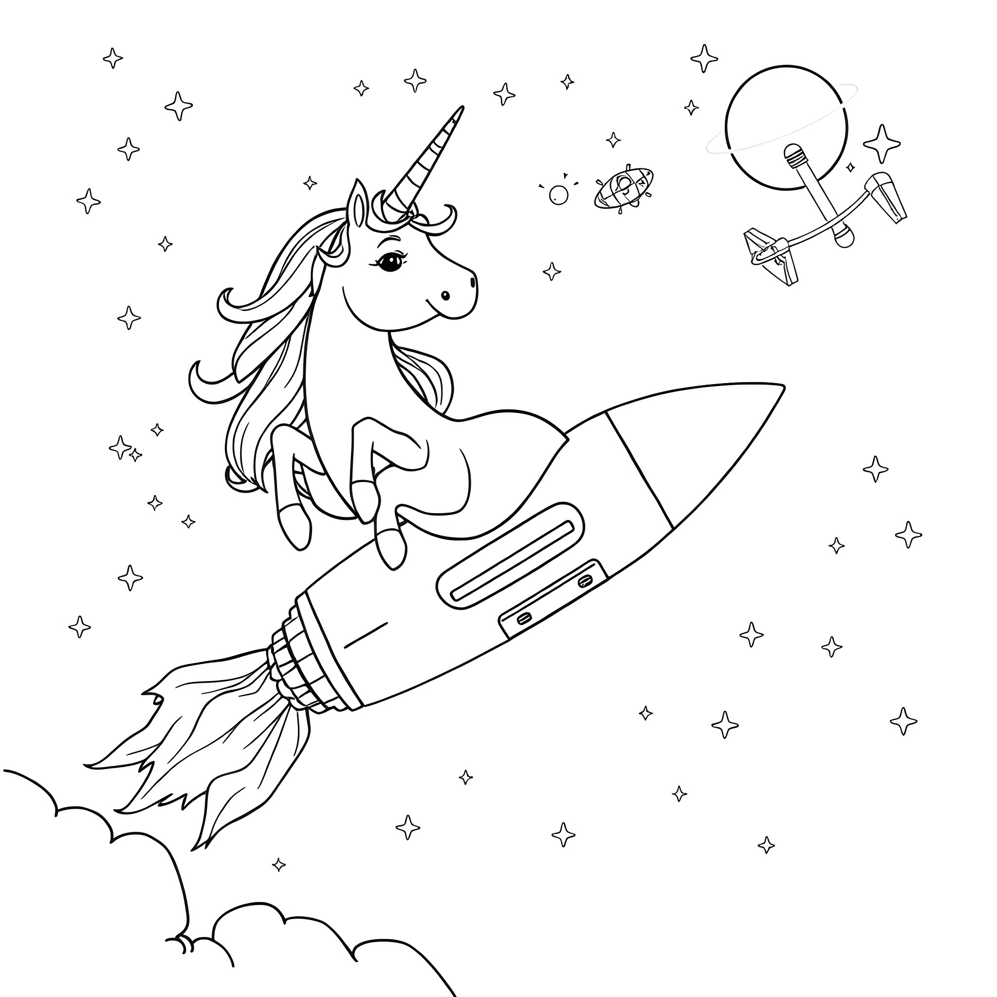 Unicorn riding a rocket through the stars Coloring Page (free black-and-white line drawing printable PDF for all, from beginners to advanced learners, including children, teens, adults, and seniors)