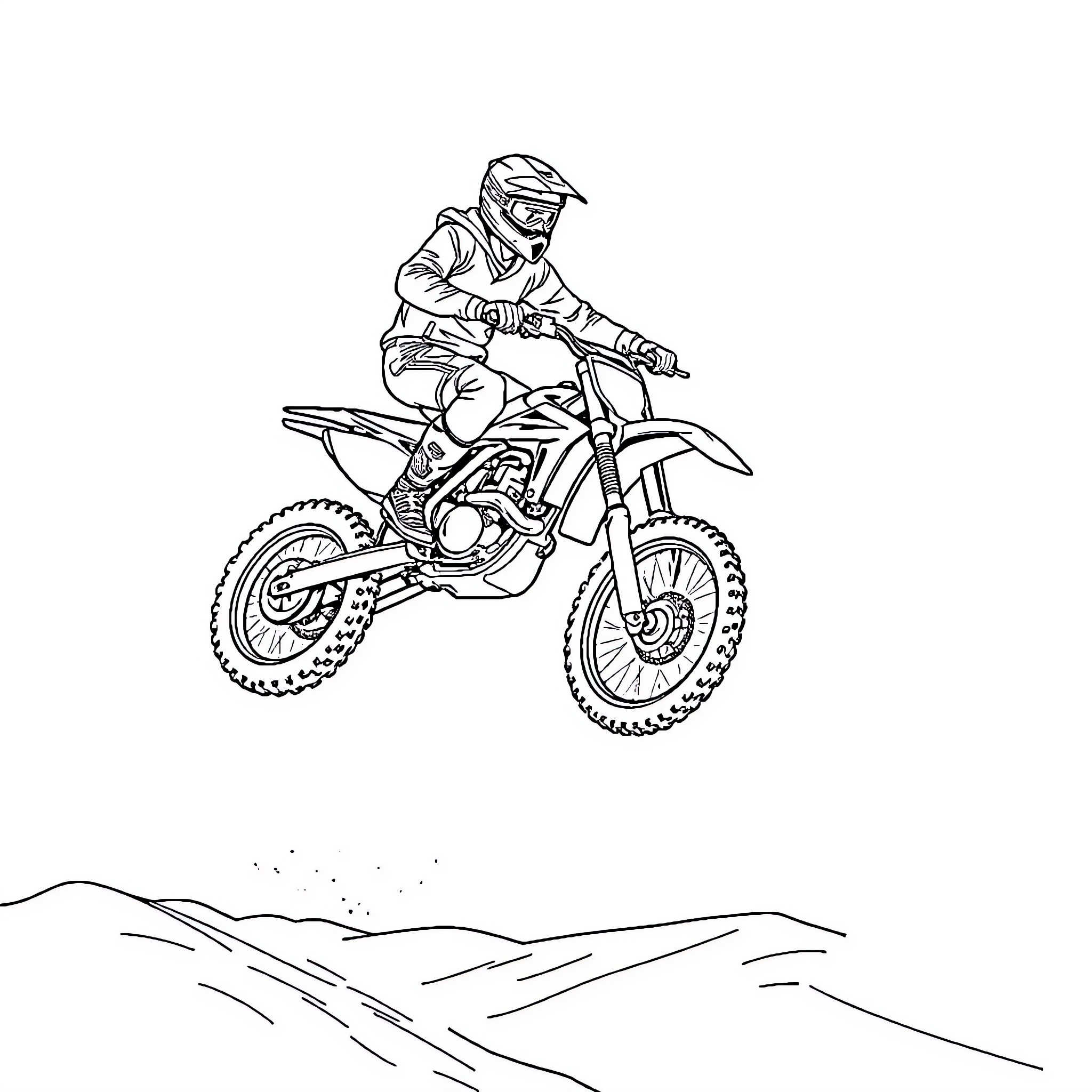 Moto Cross Rider Jumps over Rugged Terrain Coloring Page (free black-and-white line drawing printable PDF for all, from beginners to advanced learners, including children, teens, adults, and seniors)