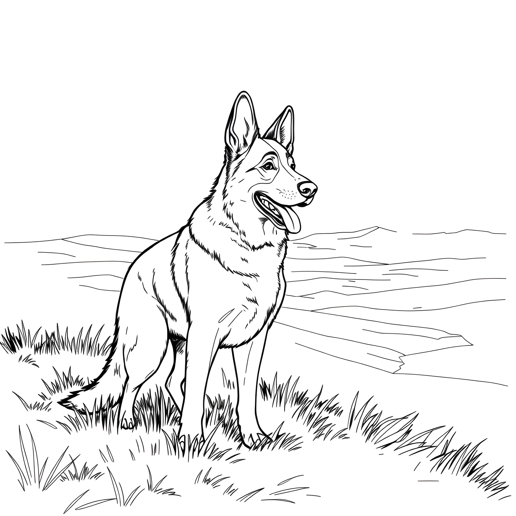 German Shepherd dog standing in grassy field Coloring Page (free black-and-white line drawing printable PDF for all, from beginners to advanced learners, including children, teens, adults, and seniors)