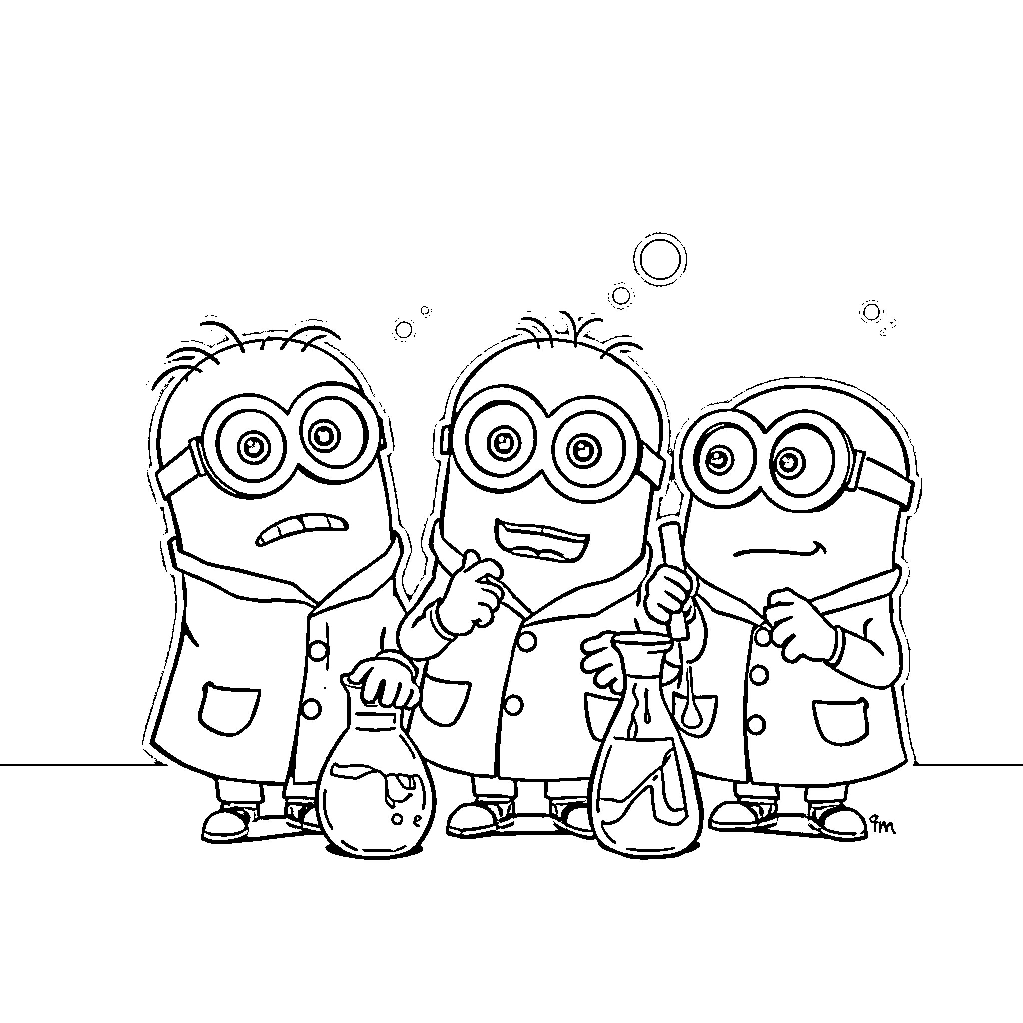 Minions in cartoon outfits interacting playfully Coloring Page (free black-and-white line drawing printable PDF for all, from beginners to advanced learners, including children, teens, adults, and seniors)