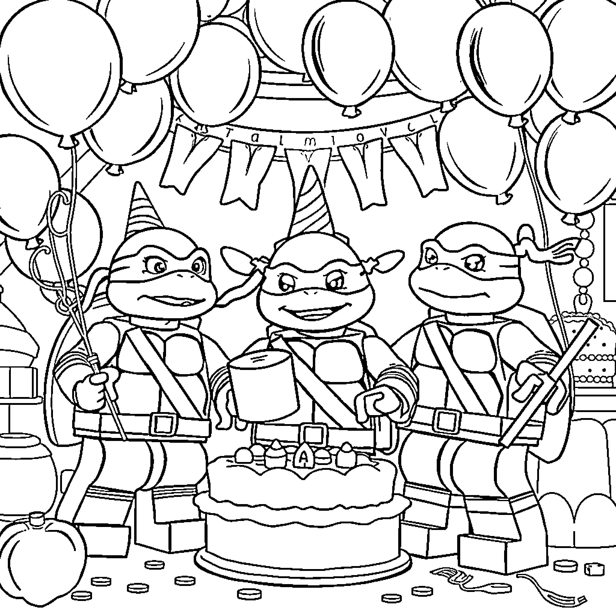 Teenage Mutant Ninja Turtles Celebrating Birthday Party Coloring Page (free black-and-white line drawing printable PDF for all, from beginners to advanced learners, including children, teens, adults, and seniors)