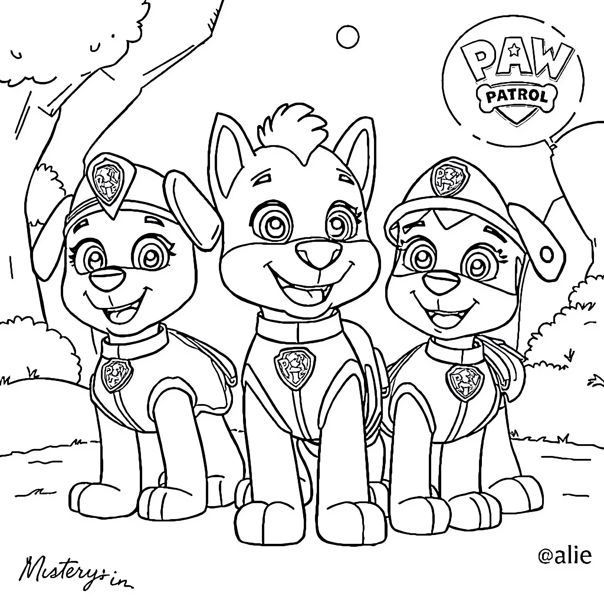 Paw Patrol Puppies in Action Coloring Page (free black-and-white line drawing printable PDF for all, from beginners to advanced learners, including children, teens, adults, and seniors)