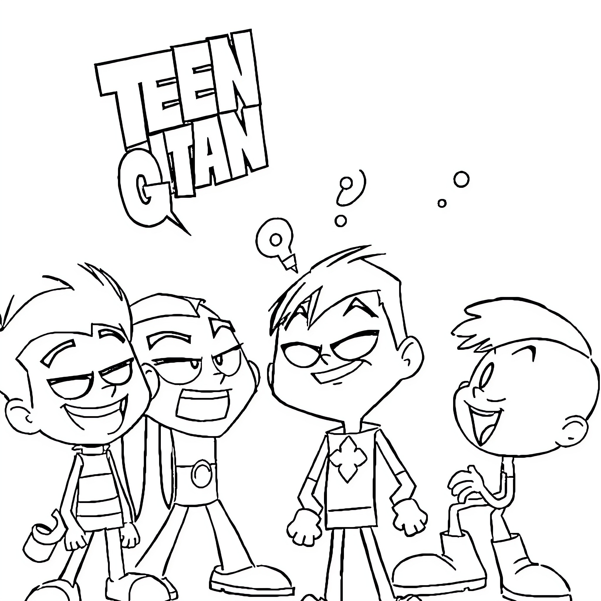 Teen Titans in action-packed cartoon style Coloring Page (free black-and-white line drawing printable PDF for all, from beginners to advanced learners, including children, teens, adults, and seniors)