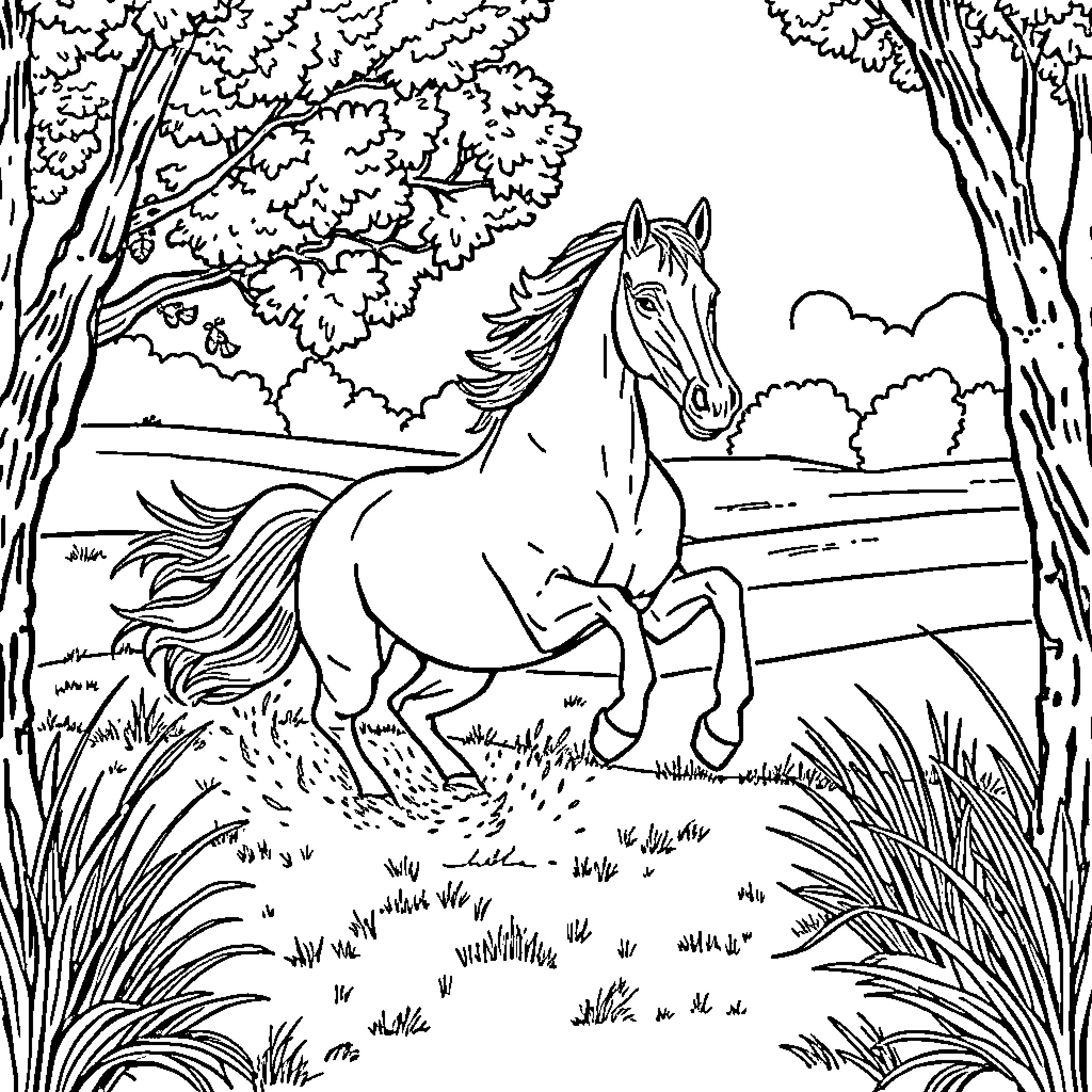 Horse galloping through a lush forest Coloring Page (free black-and-white line drawing printable PDF for all, from beginners to advanced learners, including children, teens, adults, and seniors)