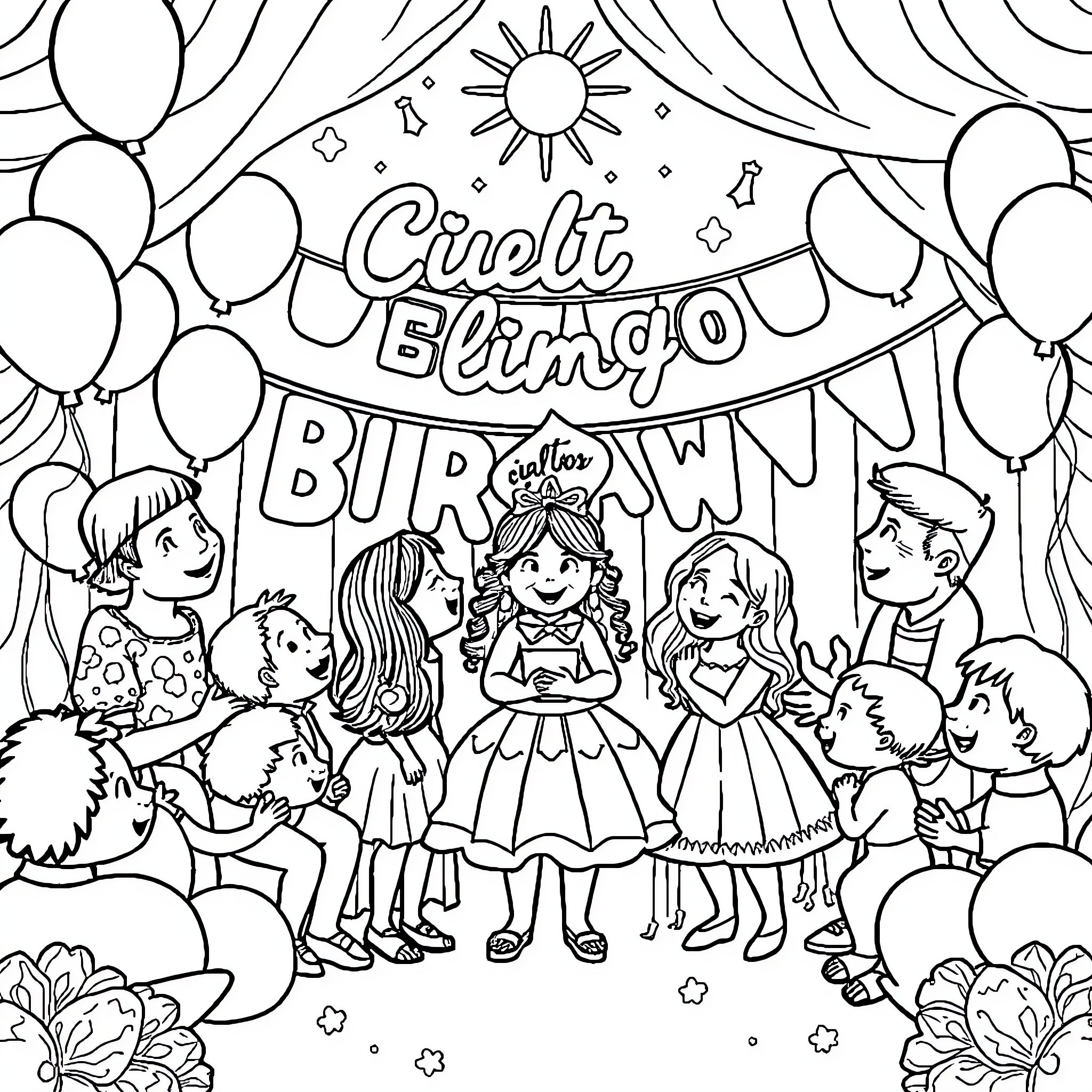 Cielito Lindo Birthday Party with Balloons and Celebrations Coloring Page (free black-and-white line drawing printable PDF for all, from beginners to advanced learners, including children, teens, adults, and seniors)