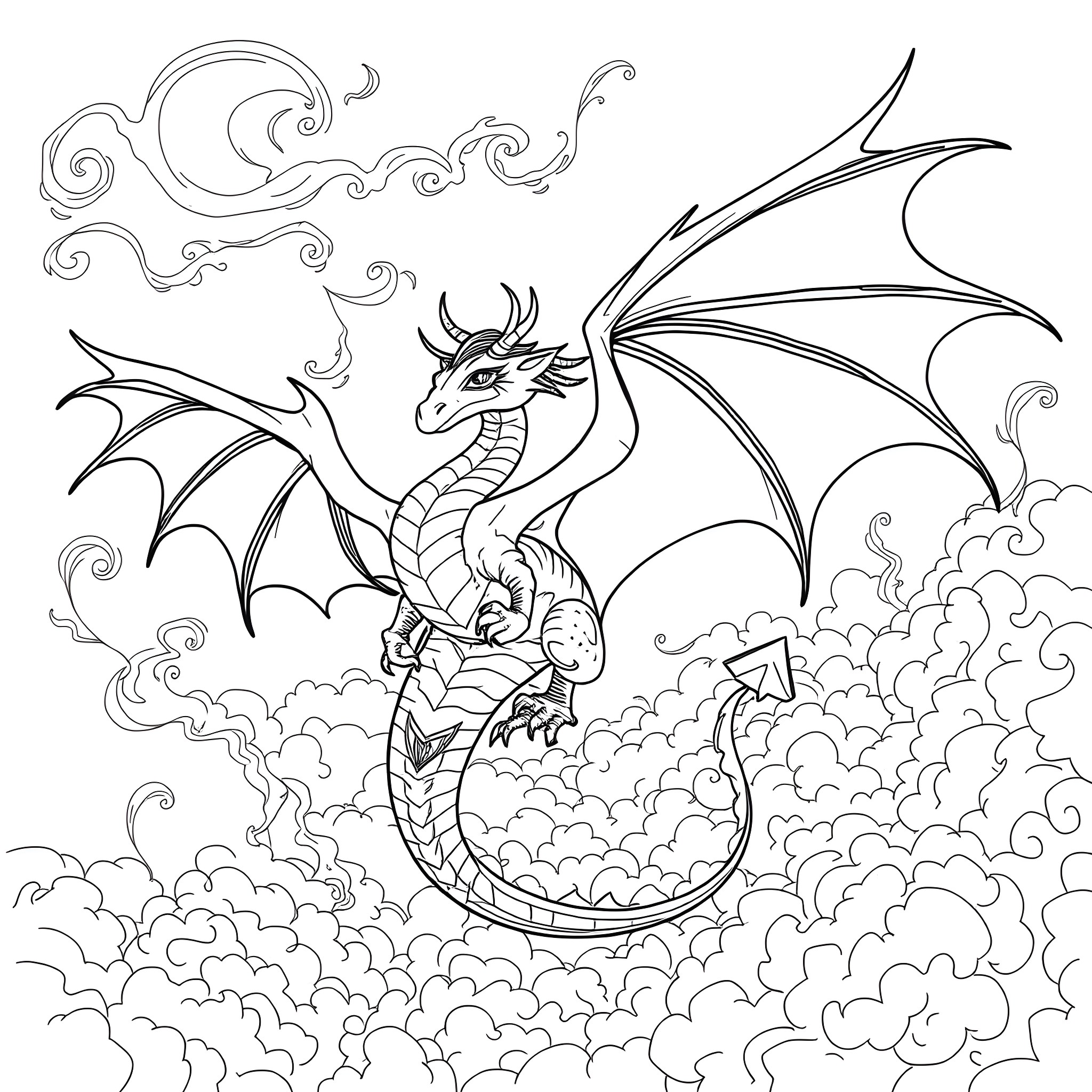 Dragon majestically soaring through the cloudy sky Coloring Page (free black-and-white line drawing printable PDF for all, from beginners to advanced learners, including children, teens, adults, and seniors)