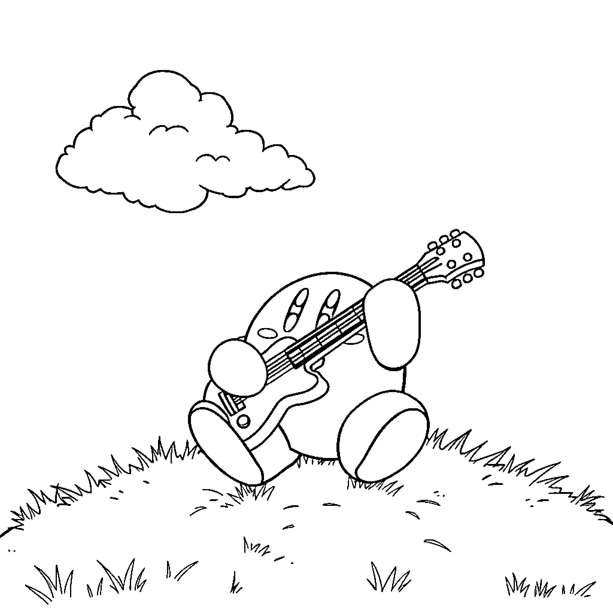 Kirby playing guitar in a grassy field Coloring Page (free black-and-white line drawing printable PDF for all, from beginners to advanced learners, including children, teens, adults, and seniors)