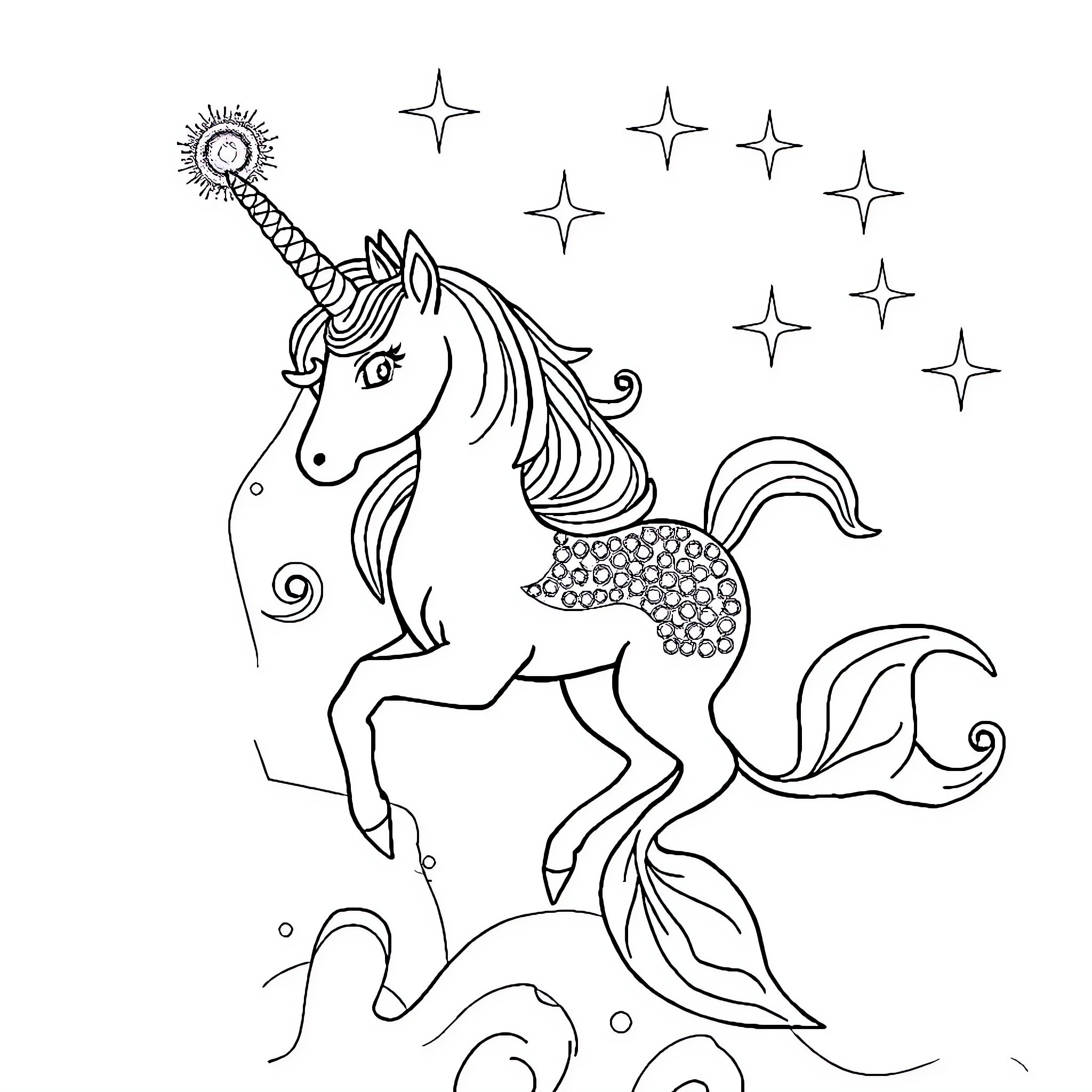 Mermaid Unicorn dancing under starry sky Coloring Page (free black-and-white line drawing printable PDF for all, from beginners to advanced learners, including children, teens, adults, and seniors)