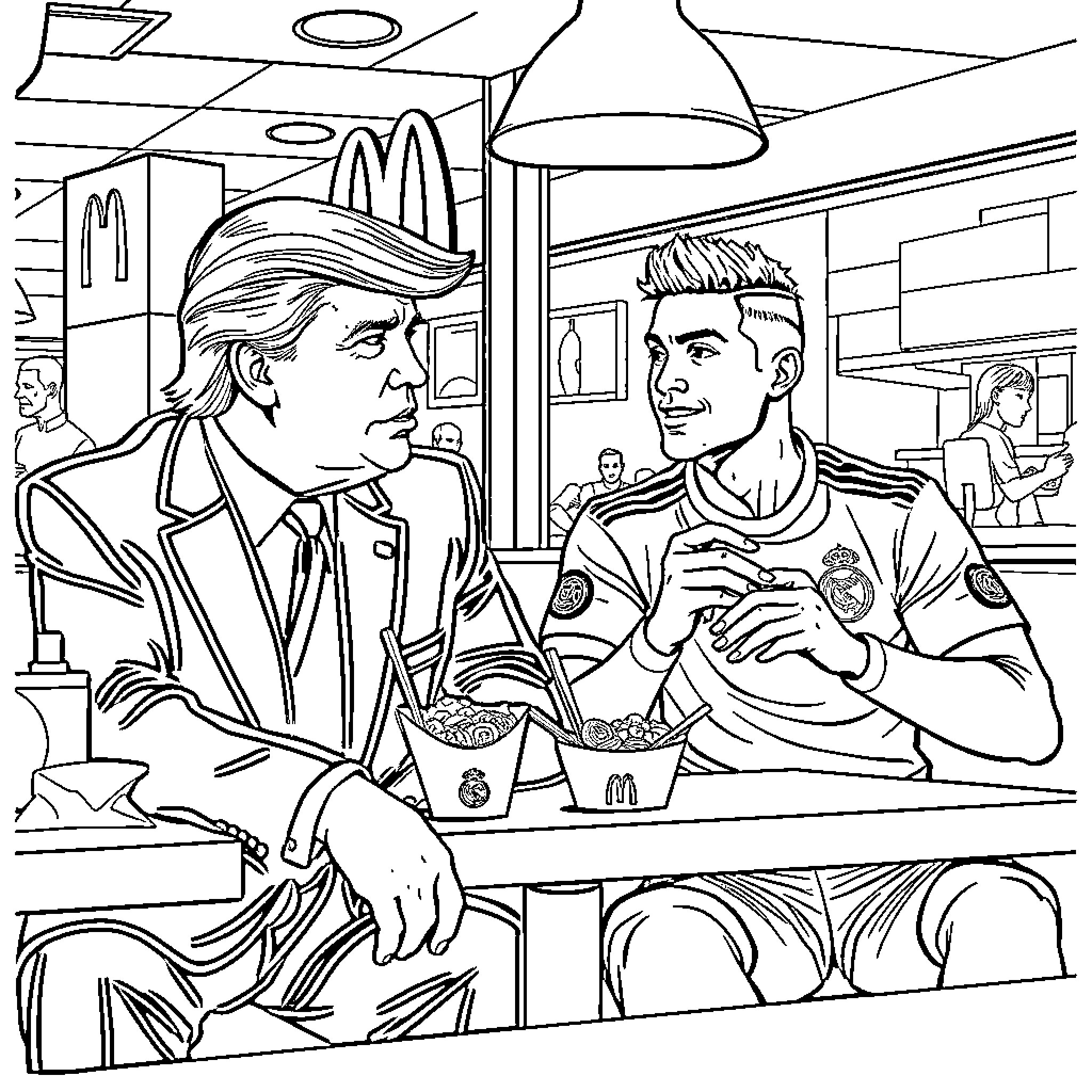 Donald Trump Engaging in Conversation with Law Enforcement Officer Coloring Page (free black-and-white line drawing printable PDF for all, from beginners to advanced learners, including children, teens, adults, and seniors)