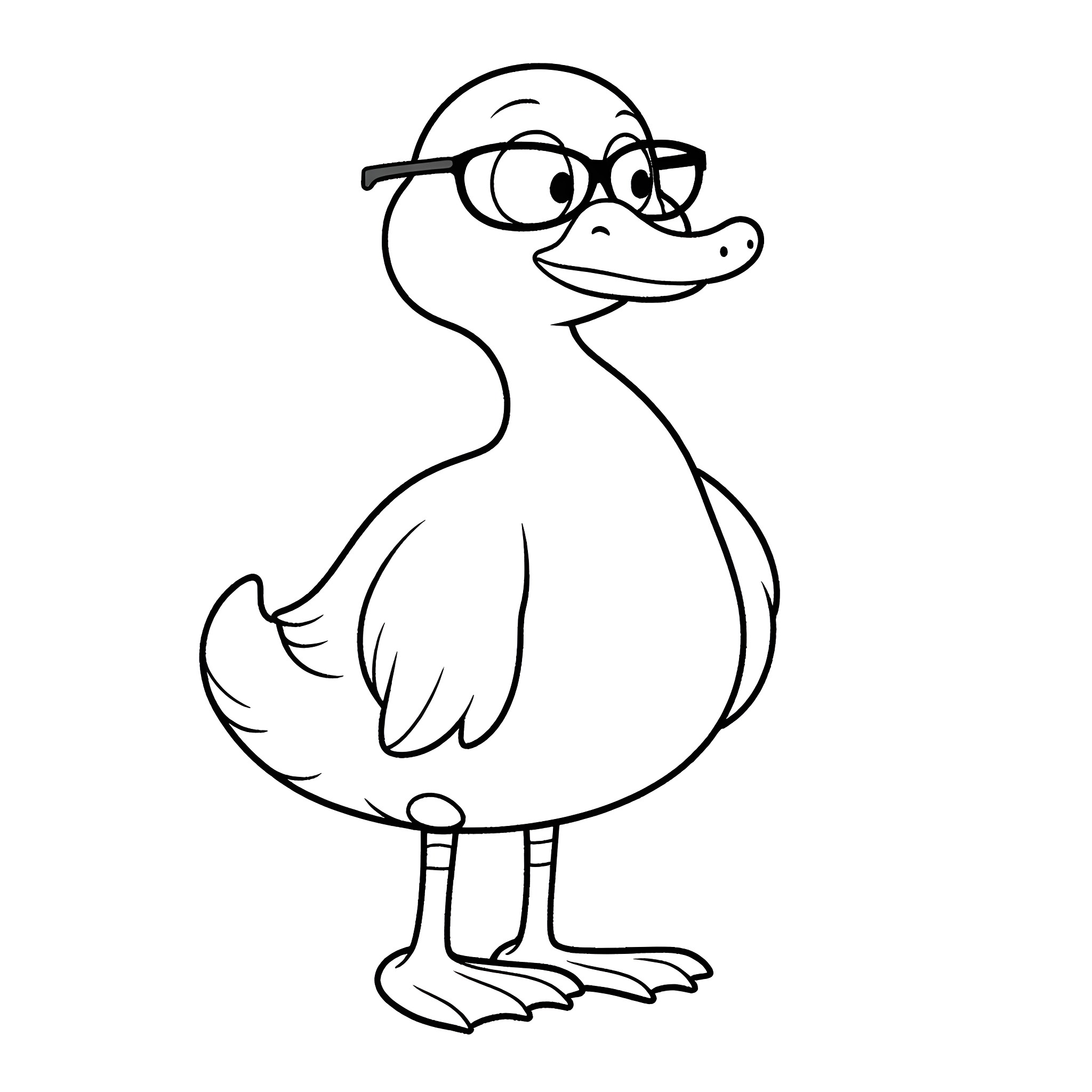 Duck wearing glasses in a simple outline Coloring Page (free black-and-white line drawing printable PDF for all, from beginners to advanced learners, including children, teens, adults, and seniors)