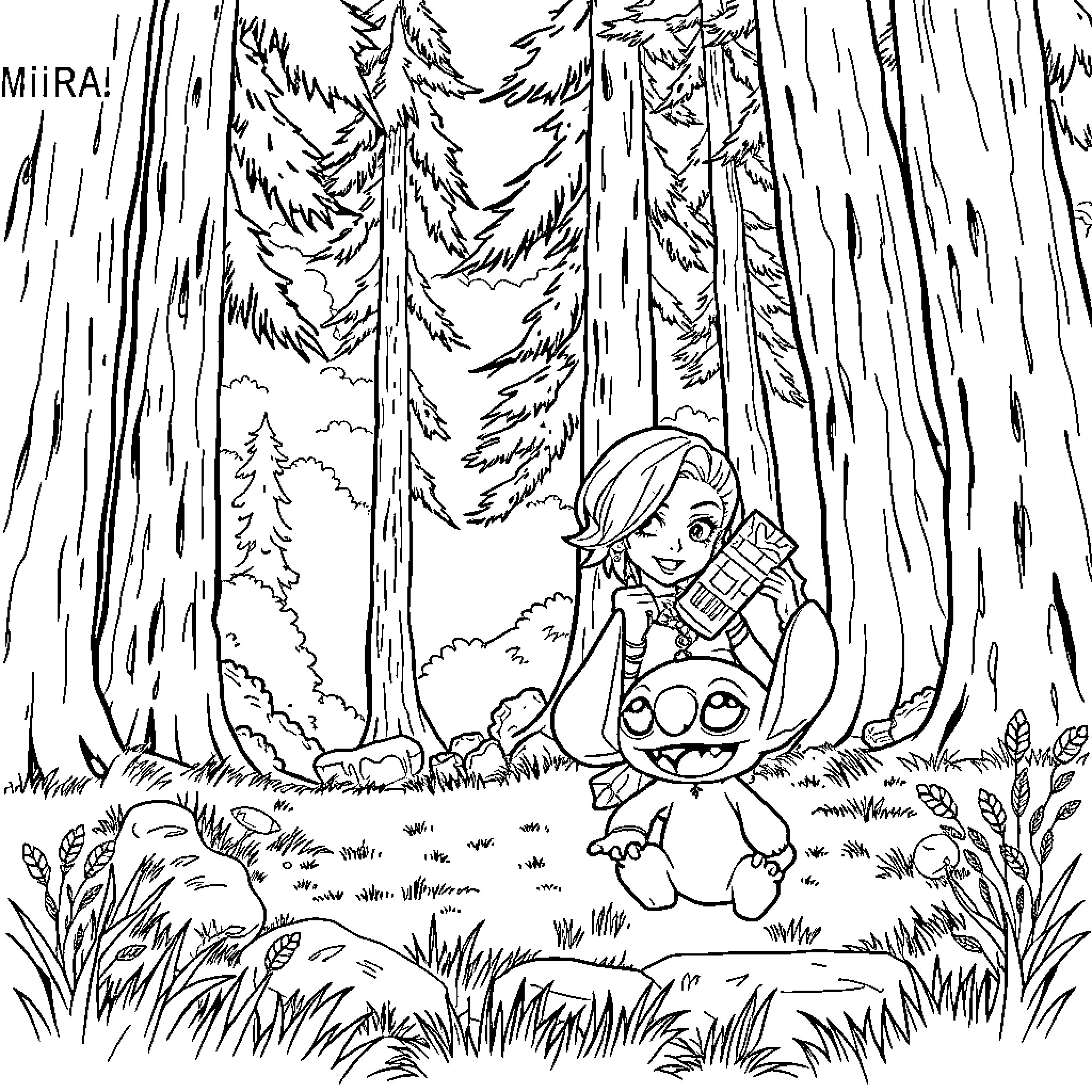 Mira smiling while holding a snack in the forest Coloring Page (free black-and-white line drawing printable PDF for all, from beginners to advanced learners, including children, teens, adults, and seniors)