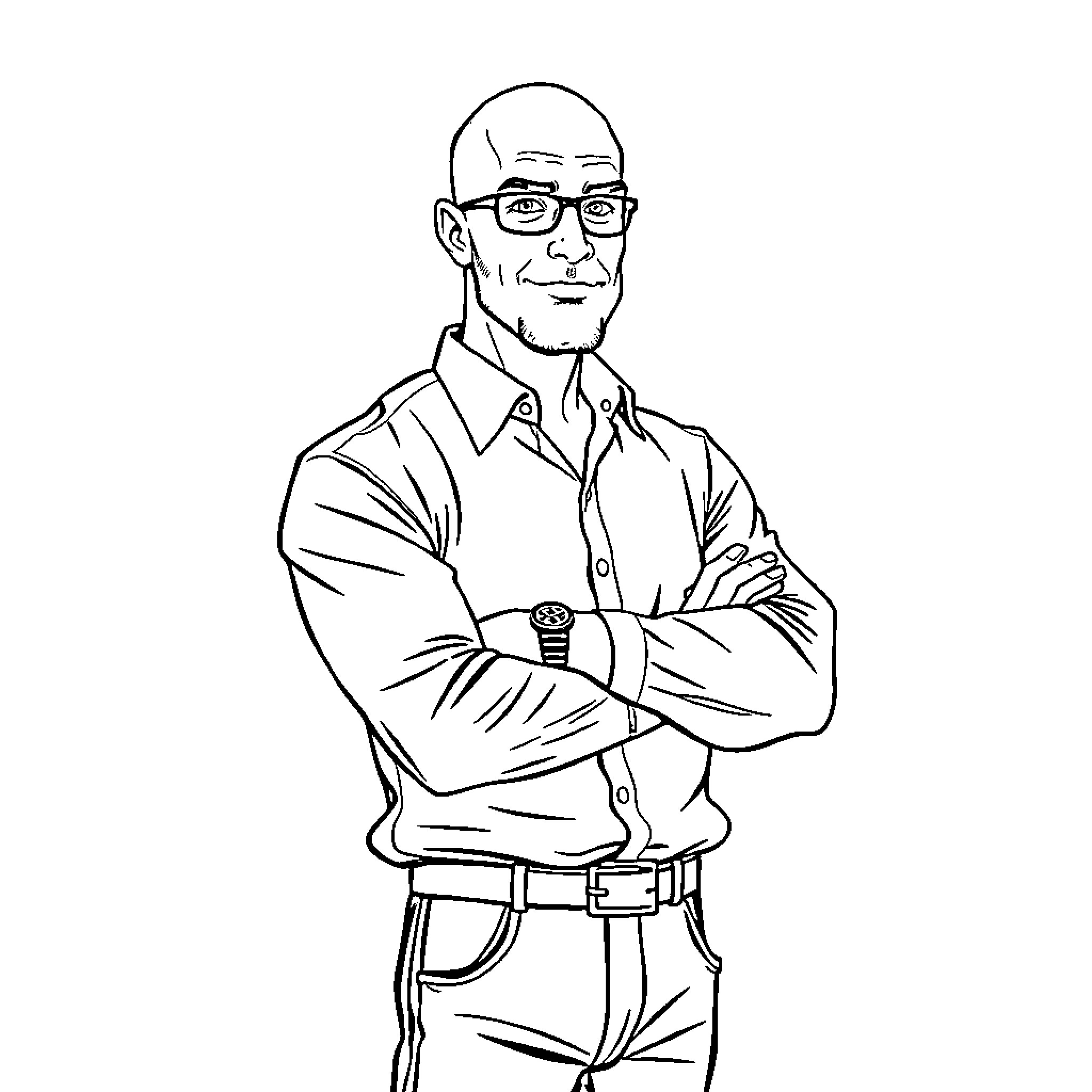 Man with glasses and crossed arms in formal attire Coloring Page (free black-and-white line drawing printable PDF for all, from beginners to advanced learners, including children, teens, adults, and seniors)