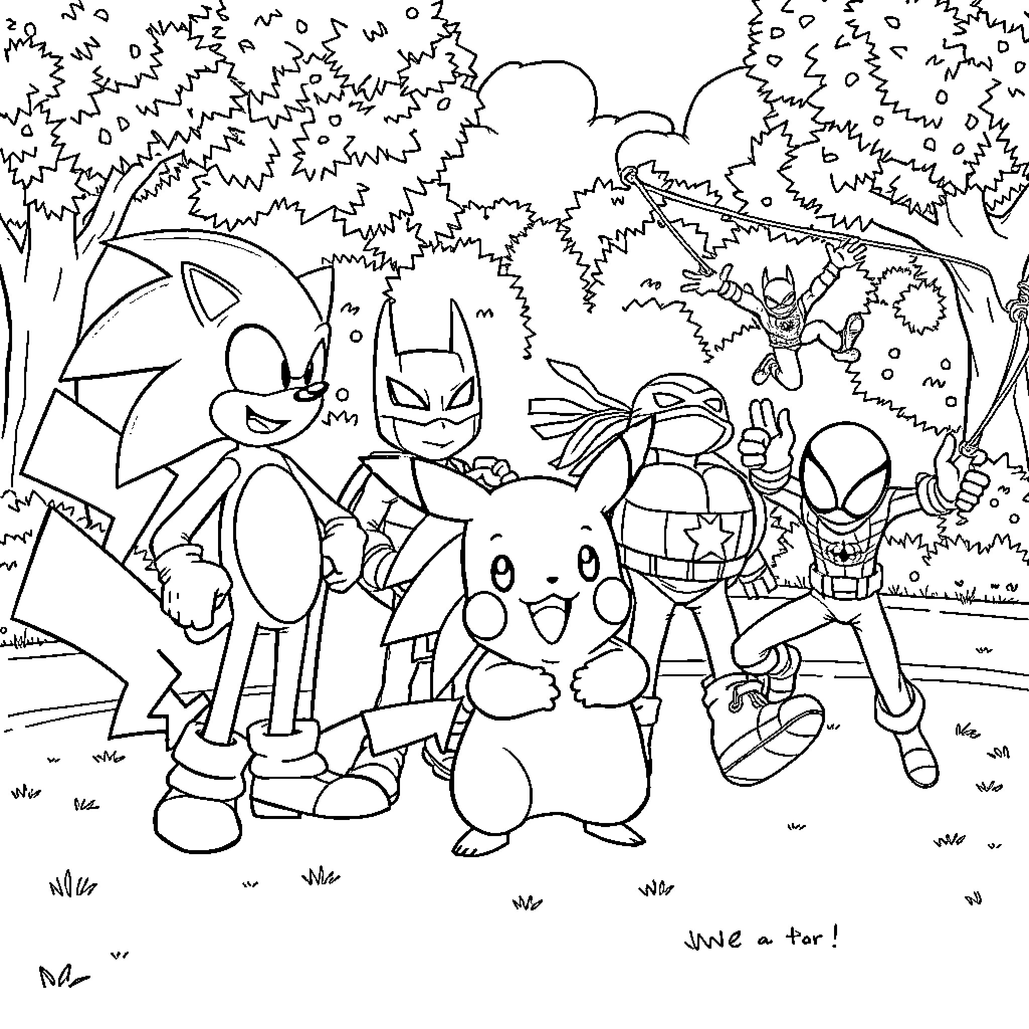 Character Gathering in Animated Forest Landscape Coloring Page (free black-and-white line drawing printable PDF for all, from beginners to advanced learners, including children, teens, adults, and seniors)