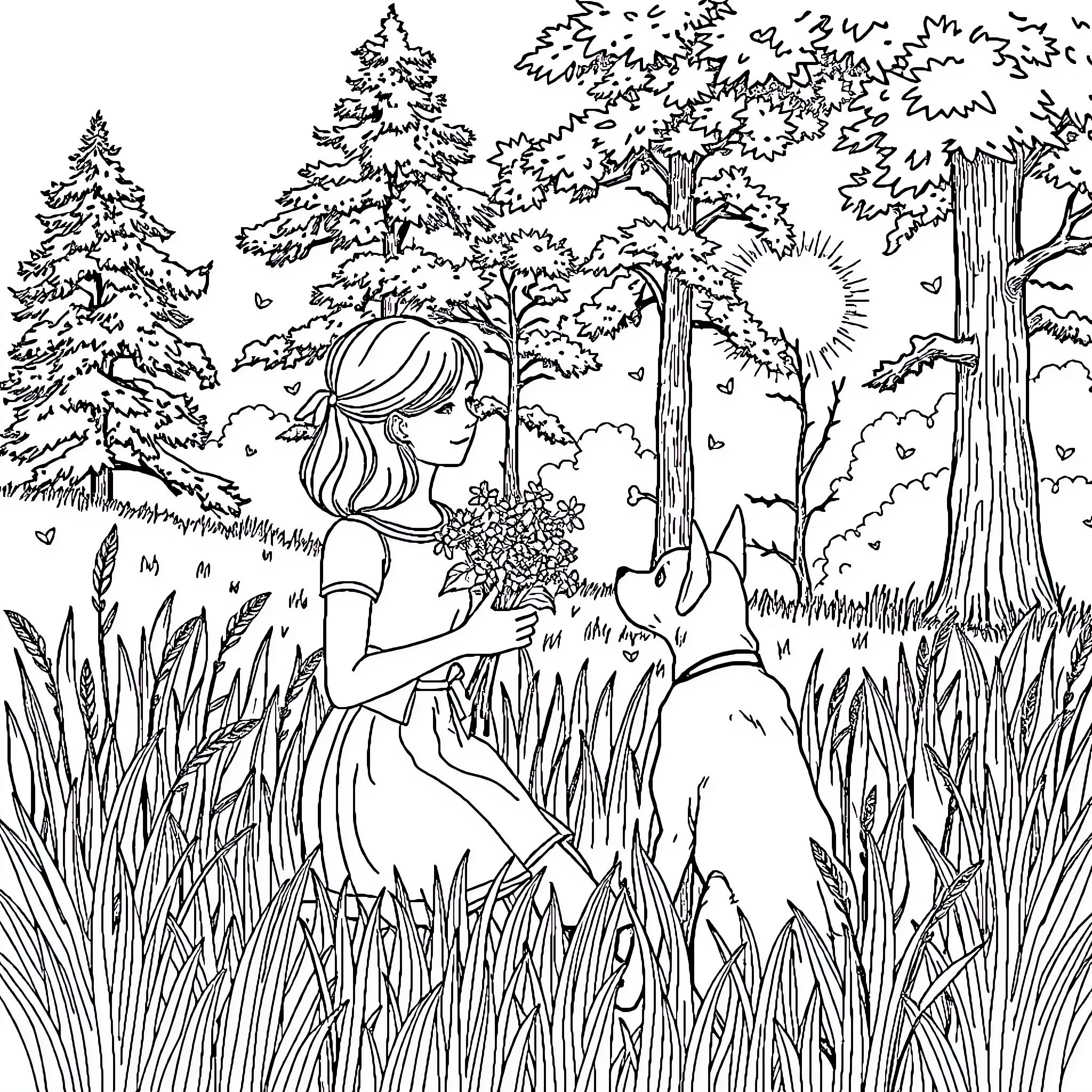 Addie Rose Exploring the Enchanted Forest Coloring Page (free black-and-white line drawing printable PDF for all, from beginners to advanced learners, including children, teens, adults, and seniors)