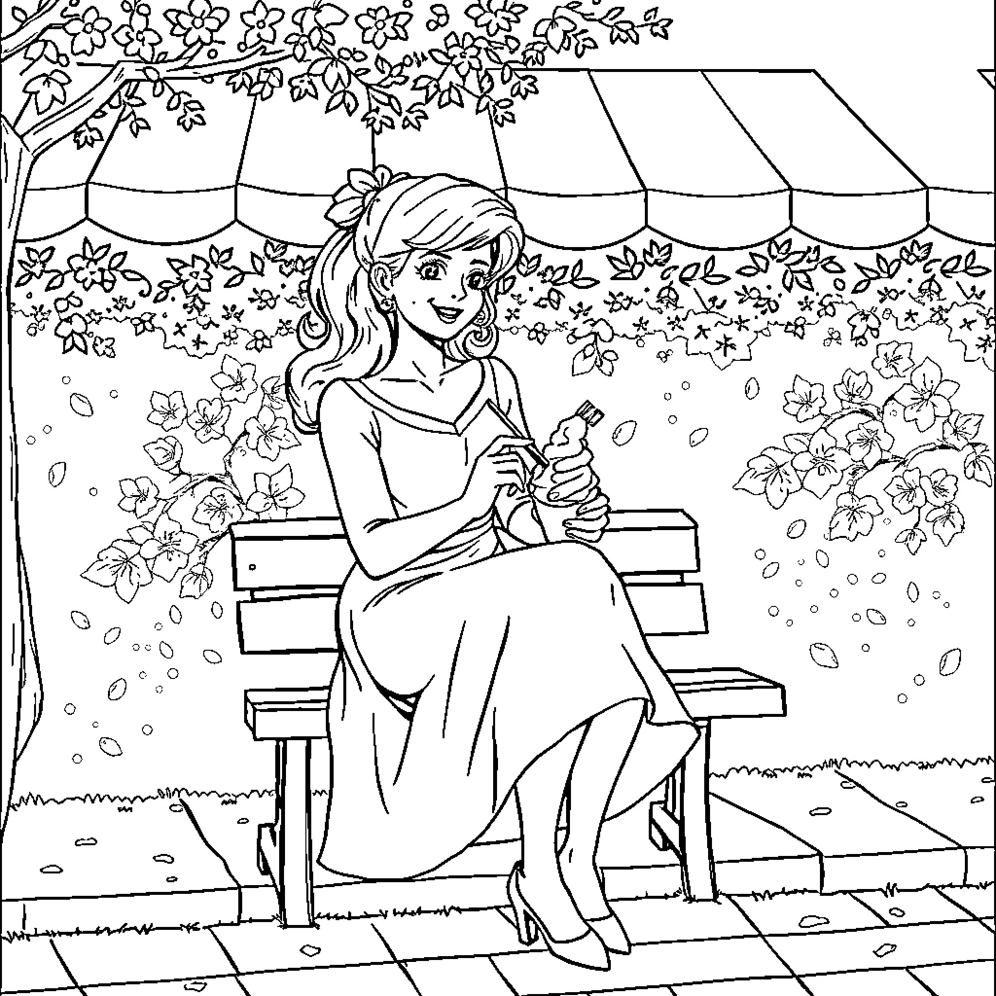 Snow White sitting on a bench in a peaceful garden Coloring Page (free black-and-white line drawing printable PDF for all, from beginners to advanced learners, including children, teens, adults, and seniors)