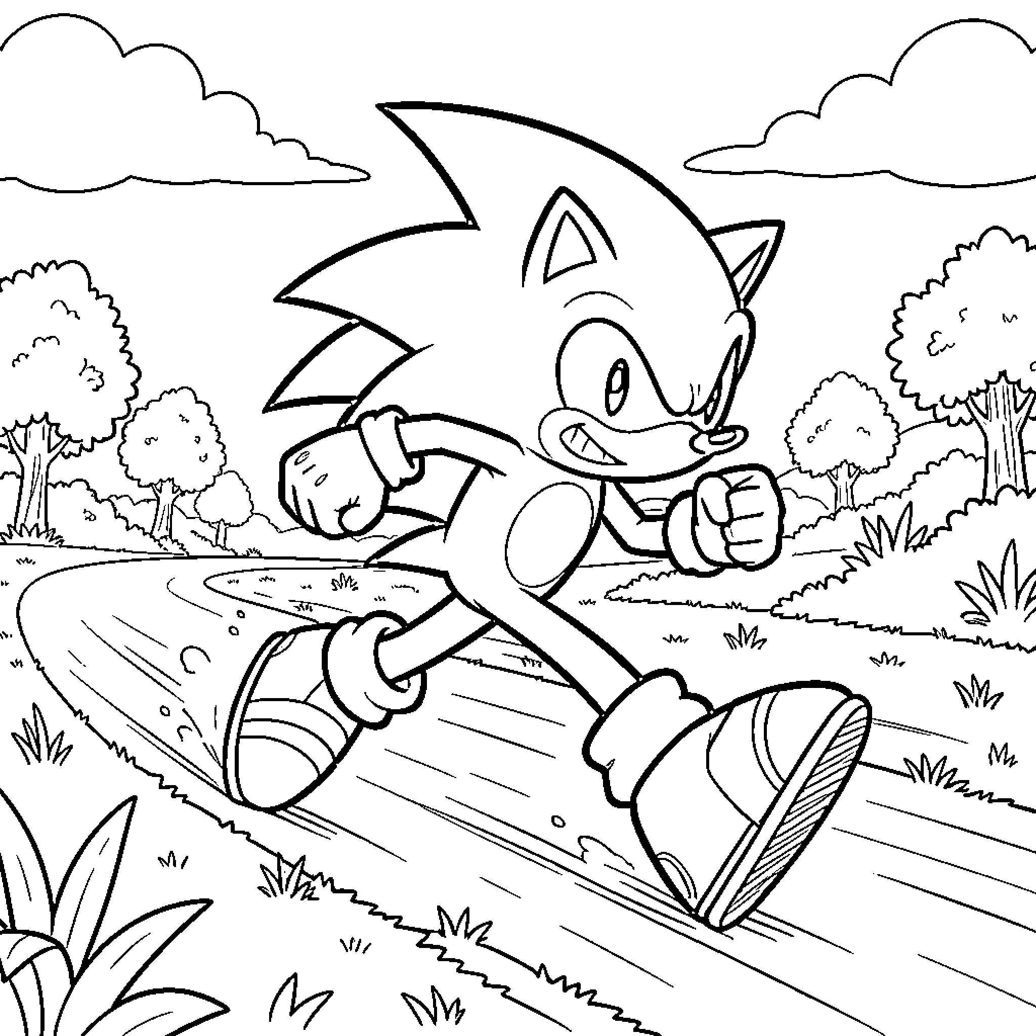 Sonic running fast along a scenic path Coloring Page (free black-and-white line drawing printable PDF for all, from beginners to advanced learners, including children, teens, adults, and seniors)