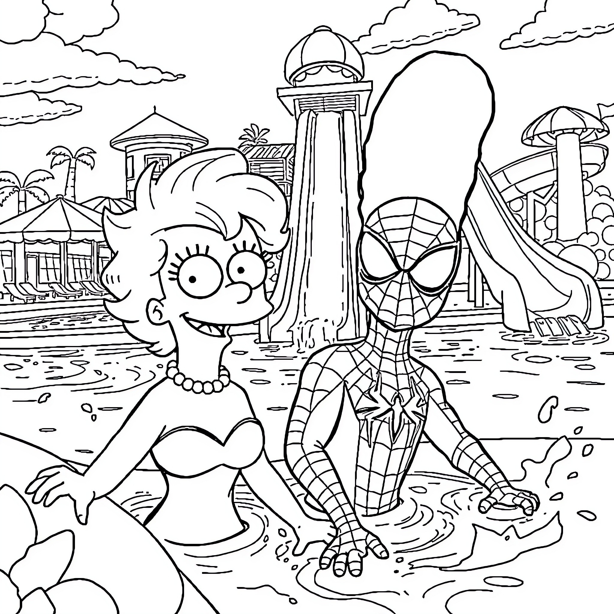 Marge Simpson enjoys a beach day with Spiderman Coloring Page (free black-and-white line drawing printable PDF for all, from beginners to advanced learners, including children, teens, adults, and seniors)