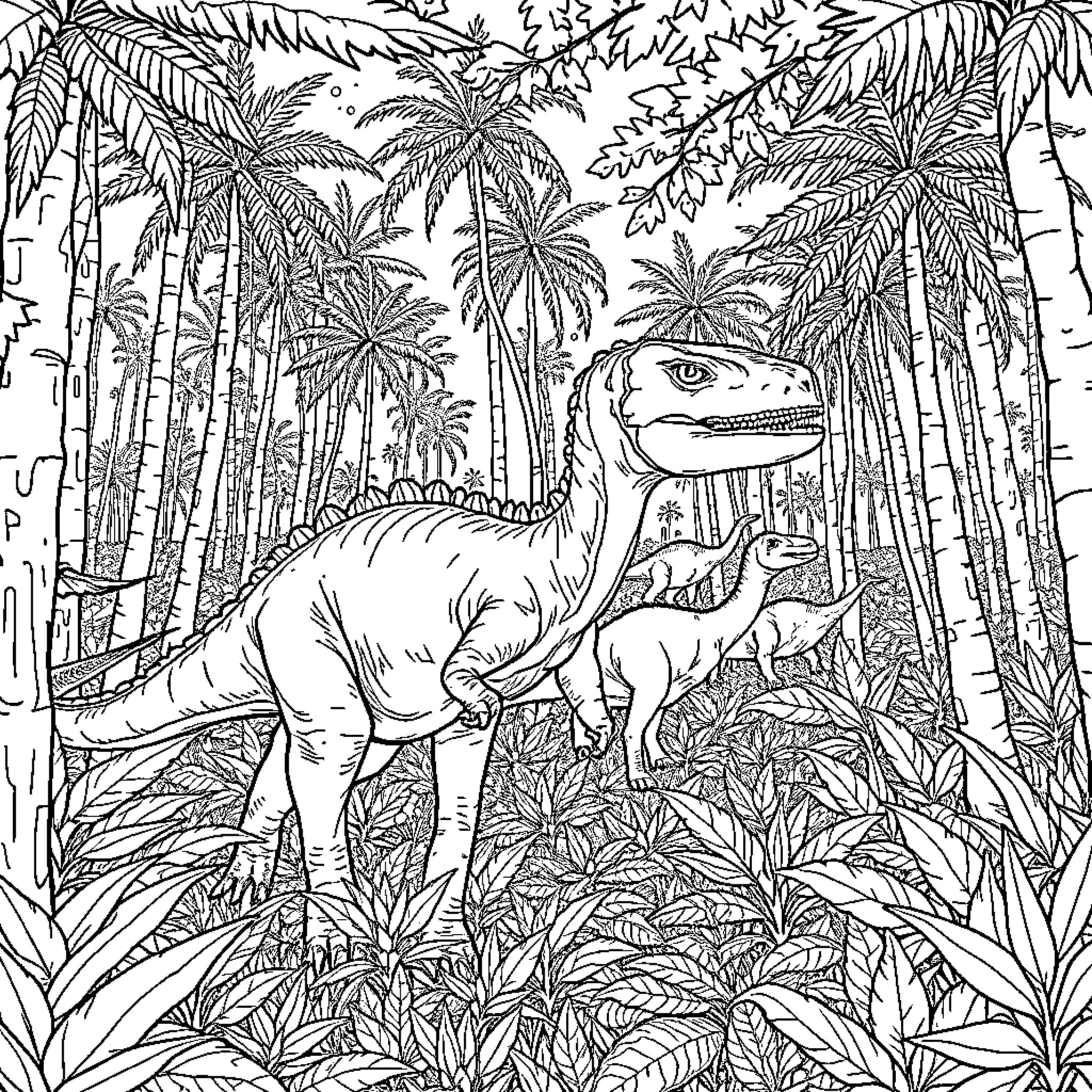 Dinosaurs Roaming in Tropical Jungle Coloring Page (free black-and-white line drawing printable PDF for all, from beginners to advanced learners, including children, teens, adults, and seniors)