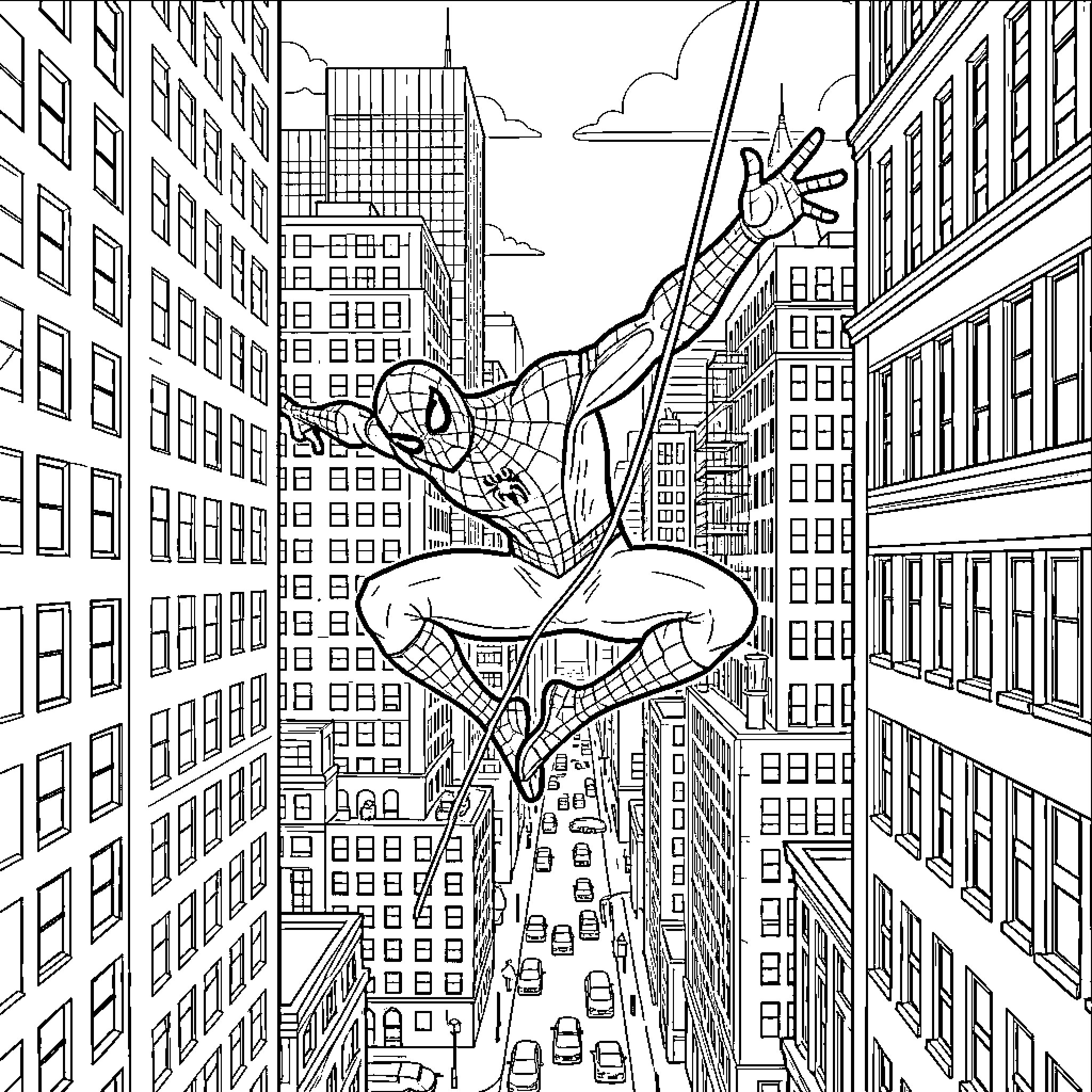 Spiderman swinging through a busy city street Coloring Page (free black-and-white line drawing printable PDF for all, from beginners to advanced learners, including children, teens, adults, and seniors)