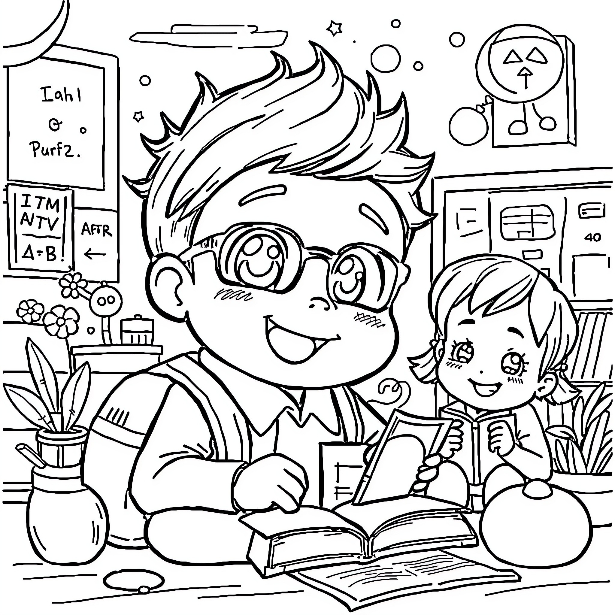 Tchoupi's Curious Classroom Adventures Coloring Page (free black-and-white line drawing printable PDF for all, from beginners to advanced learners, including children, teens, adults, and seniors)