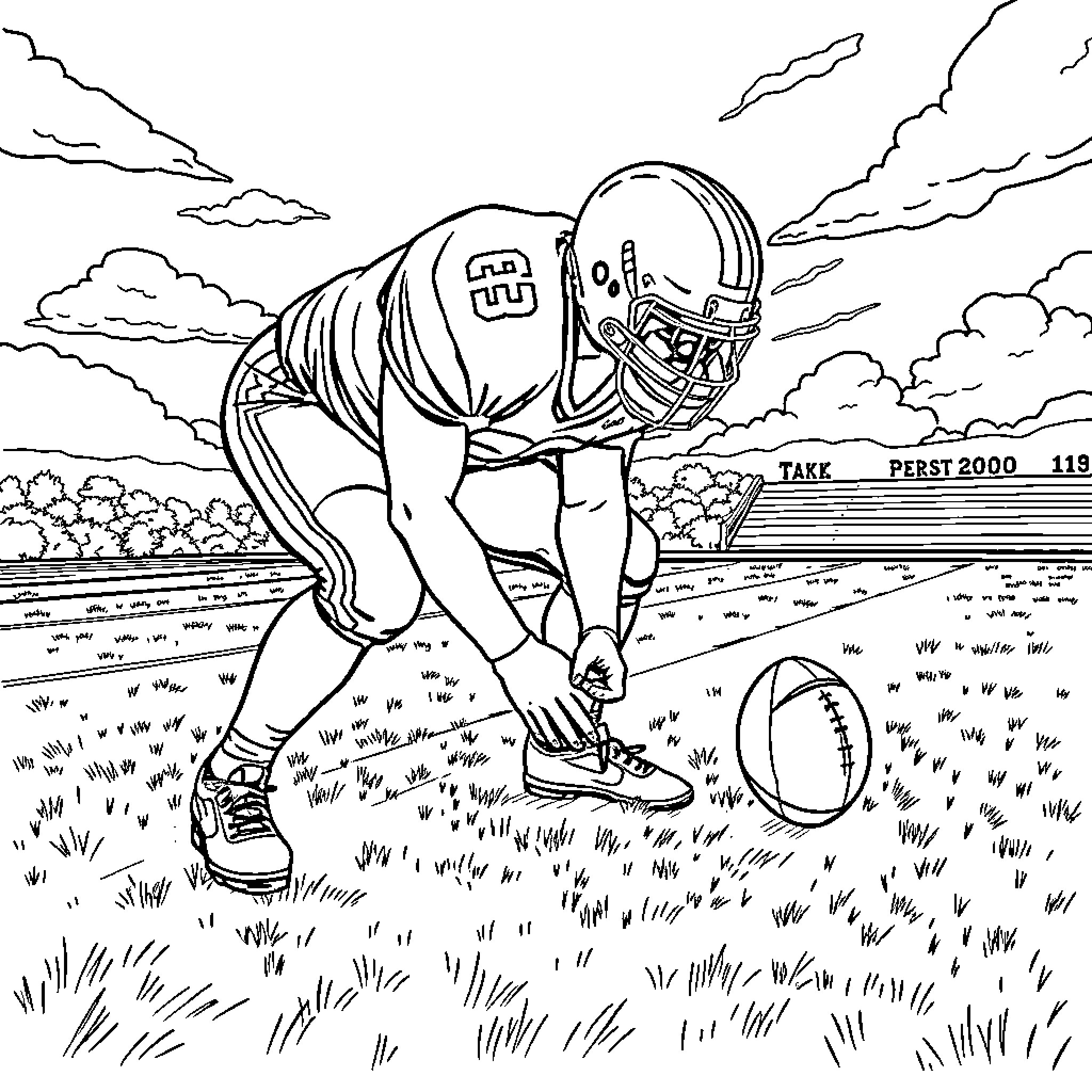 Football Player Preparing to Kick Ball on Field Coloring Page (free black-and-white line drawing printable PDF for all, from beginners to advanced learners, including children, teens, adults, and seniors)