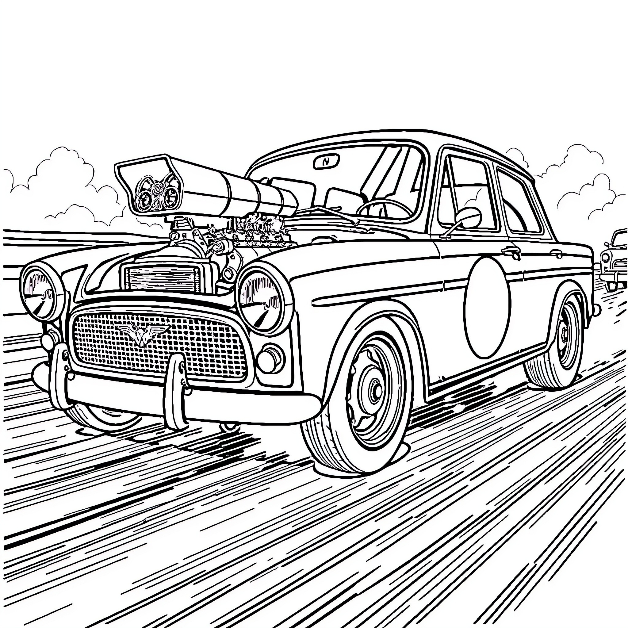 Anglia Vintage Car Racing on the Road Coloring Page (free black-and-white line drawing printable PDF for all, from beginners to advanced learners, including children, teens, adults, and seniors)