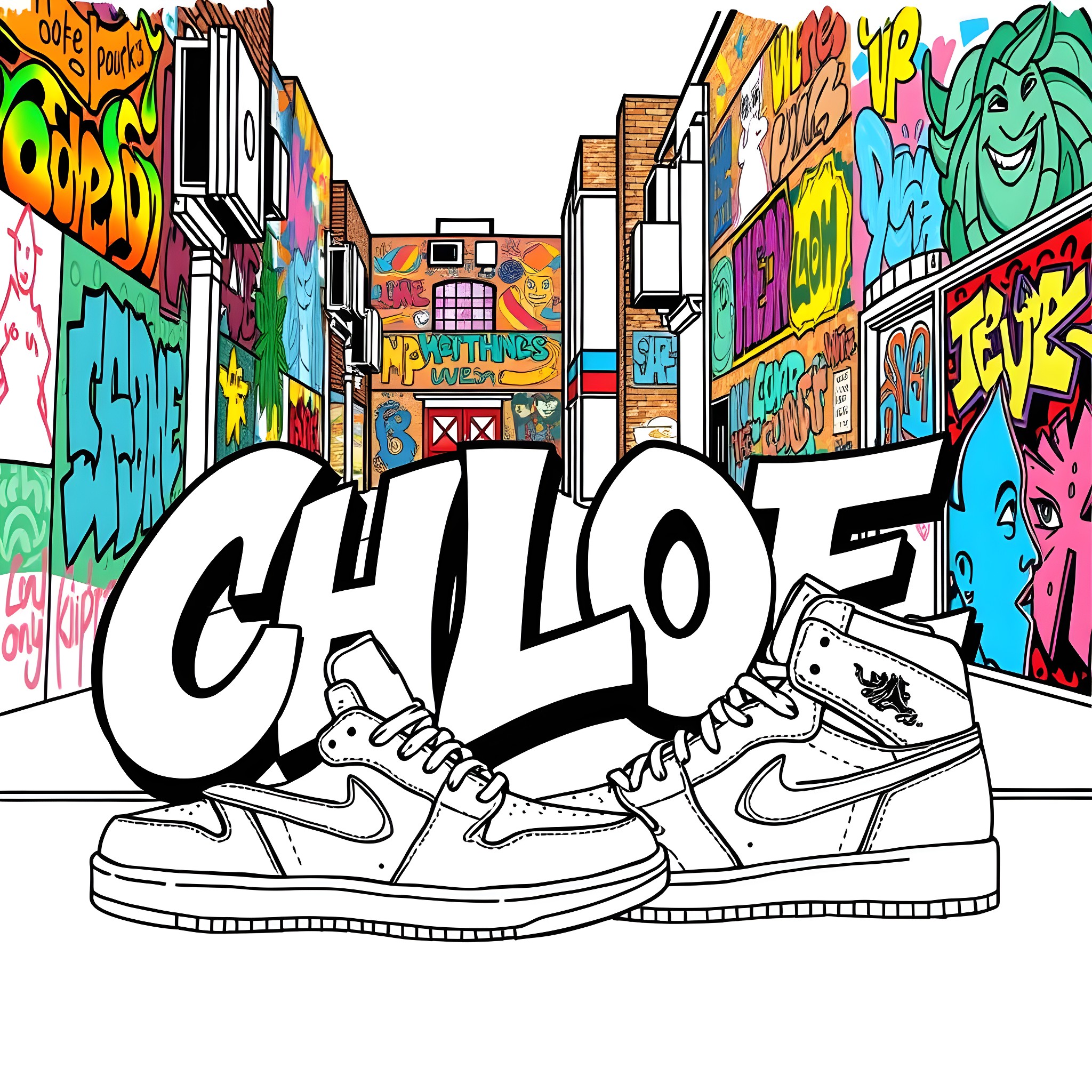 Chloe's Colorful Graffiti Street Coloring Page (free black-and-white line drawing printable PDF for all, from beginners to advanced learners, including children, teens, adults, and seniors)