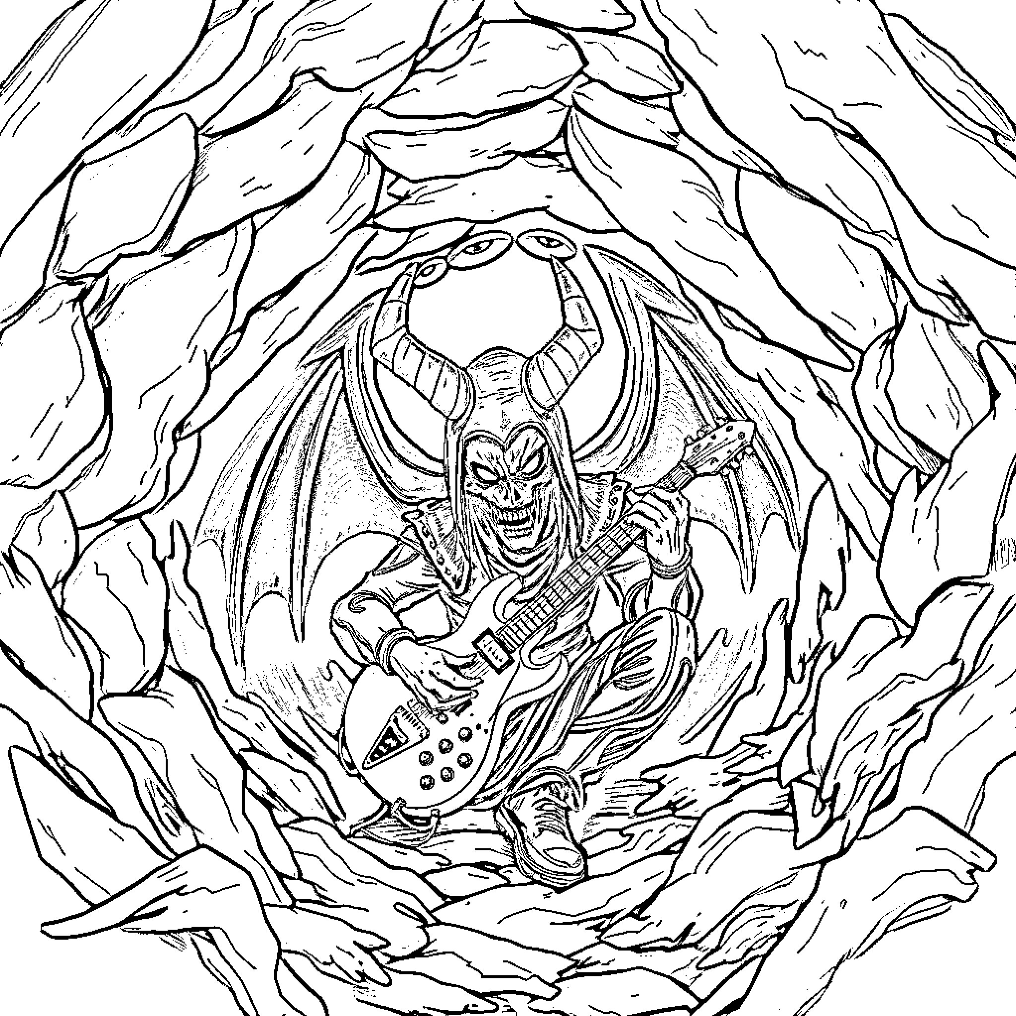 Guitar-wielding Demon in Dark Cave Coloring Page (free black-and-white line drawing printable PDF for all, from beginners to advanced learners, including children, teens, adults, and seniors)