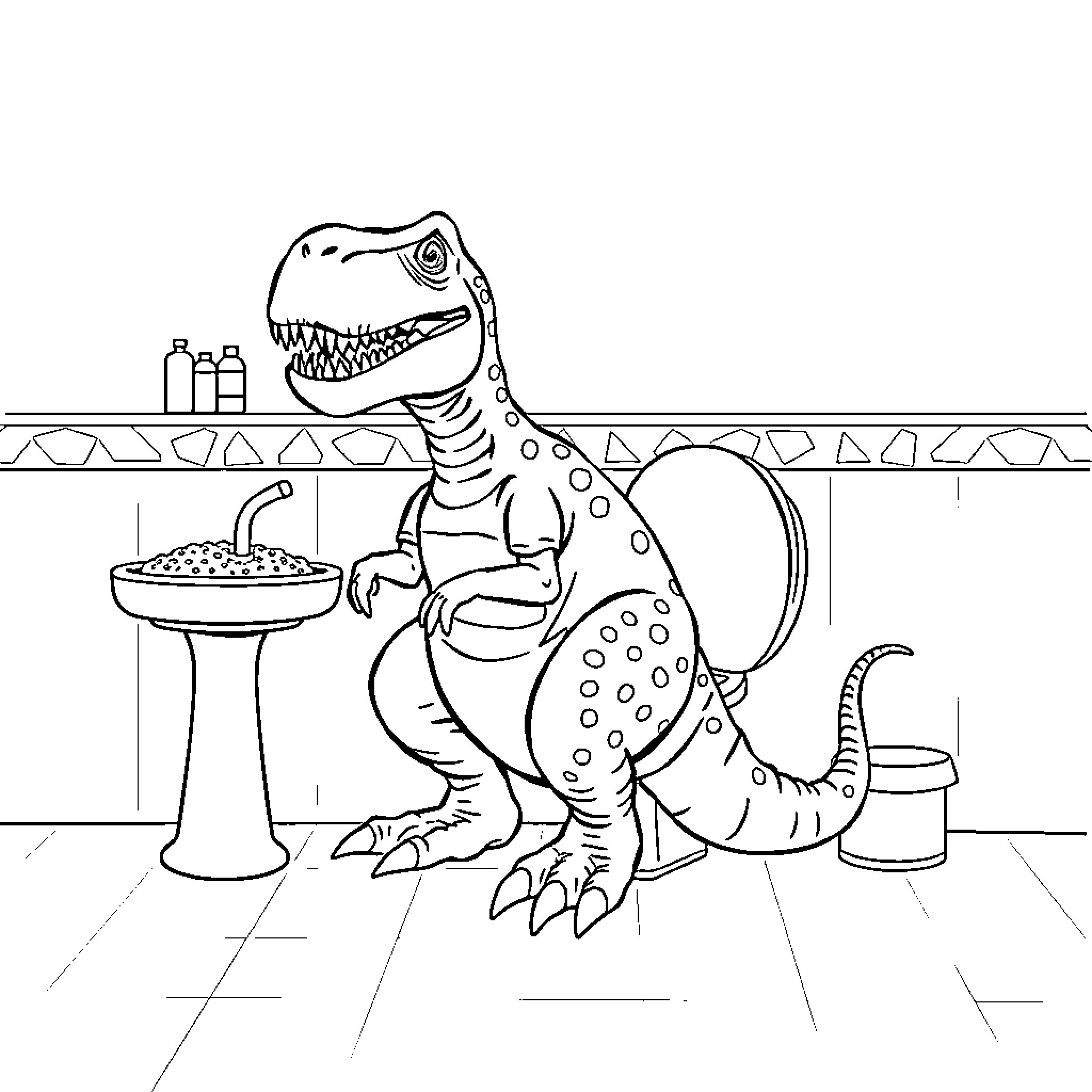 T-Rex Cooking Up a Storm in the Kitchen Coloring Page (free black-and-white line drawing printable PDF for all, from beginners to advanced learners, including children, teens, adults, and seniors)