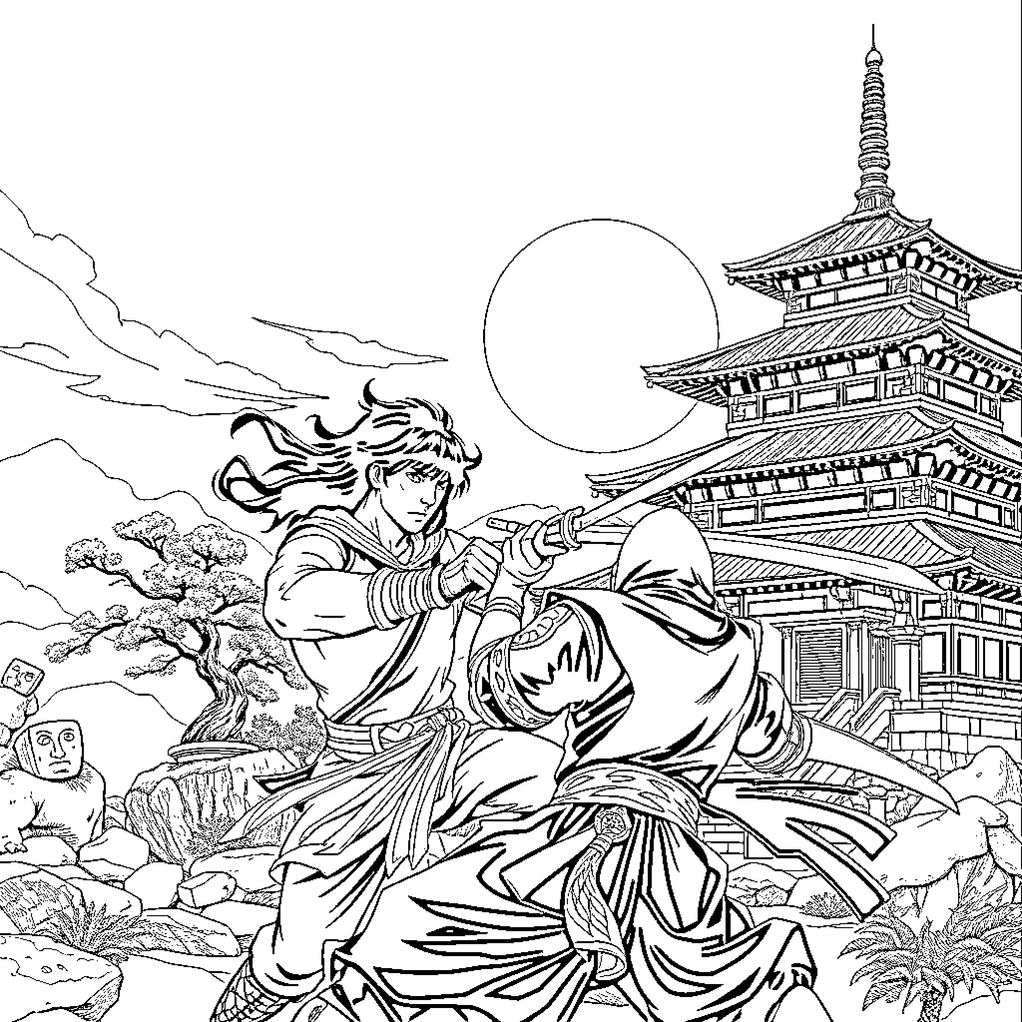 Conan's Mystical Journey through Ancient Japanese Landscape Coloring Page (free black-and-white line drawing printable PDF for all, from beginners to advanced learners, including children, teens, adults, and seniors)