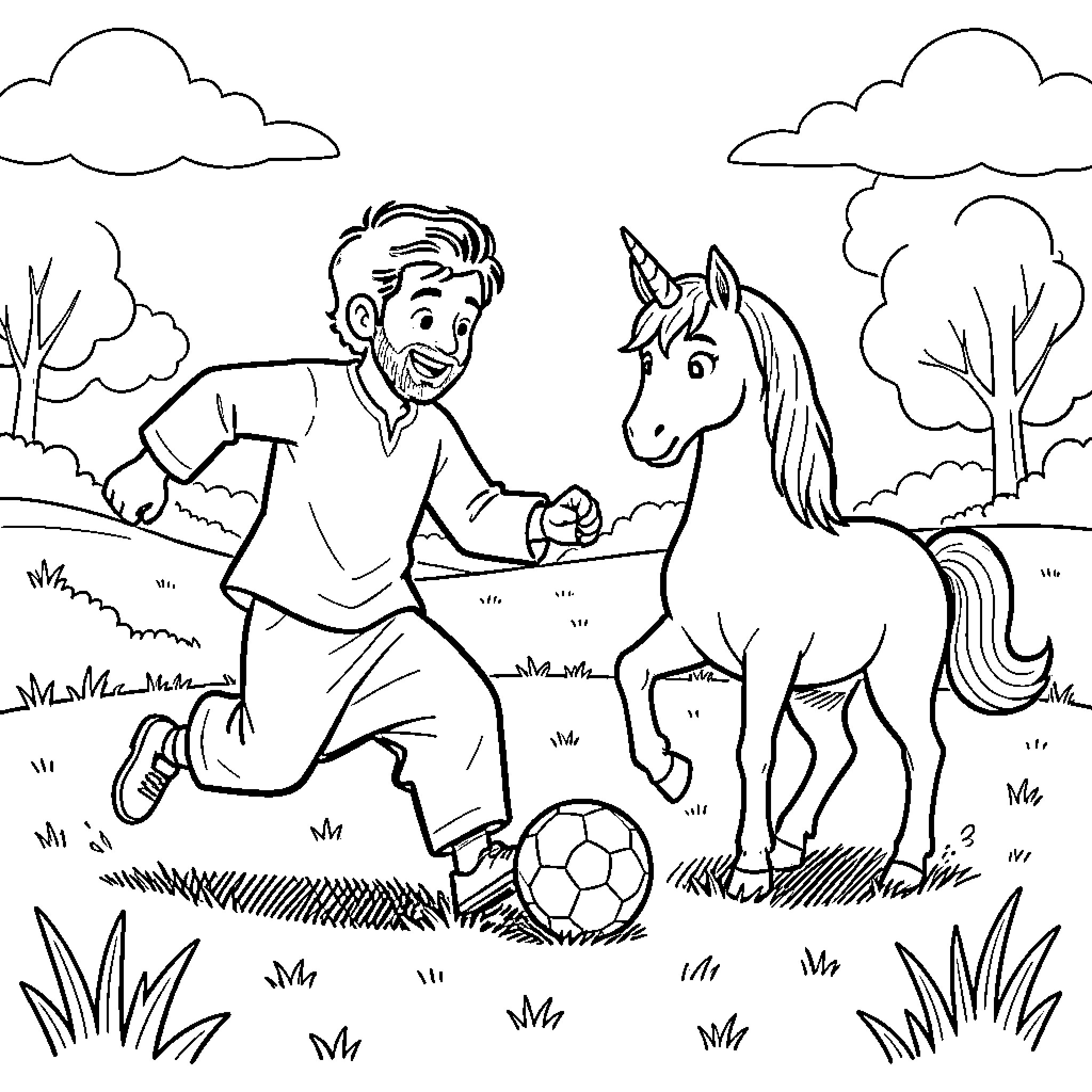 Rumi playing soccer with a magical unicorn Coloring Page (free black-and-white line drawing printable PDF for all, from beginners to advanced learners, including children, teens, adults, and seniors)