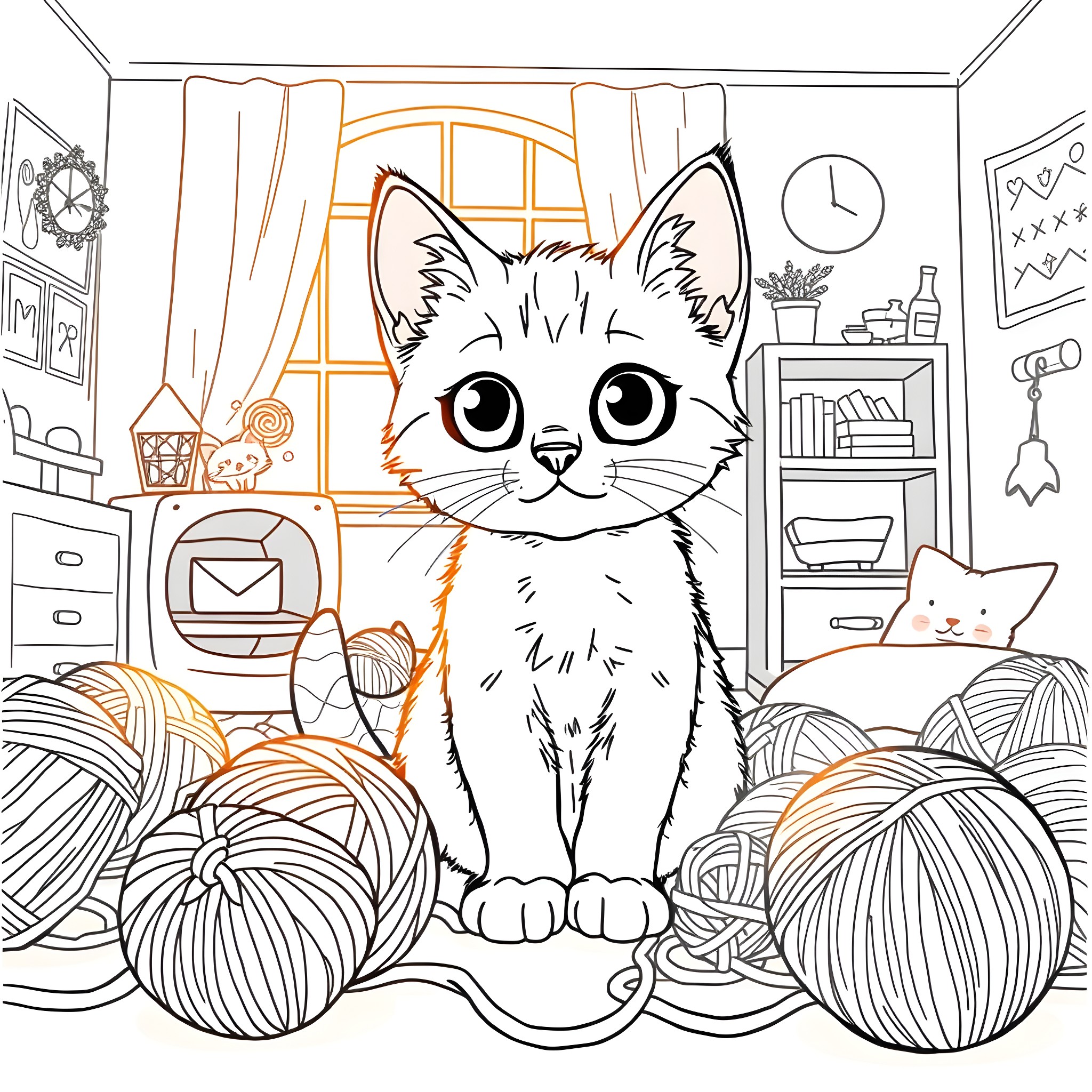 Kitty's Cozy Home with Yarn Balls Coloring Page (free black-and-white line drawing printable PDF for all, from beginners to advanced learners, including children, teens, adults, and seniors)