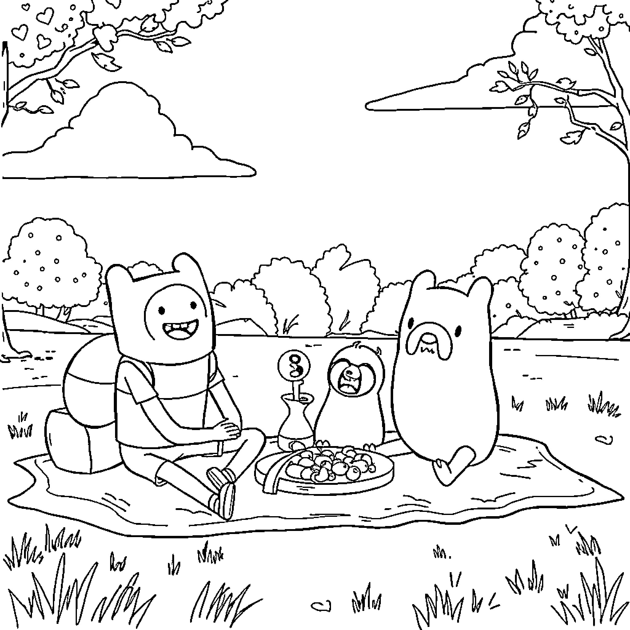 Adventure Time Characters Enjoying Outdoor Picnic Coloring Page (free black-and-white line drawing printable PDF for all, from beginners to advanced learners, including children, teens, adults, and seniors)