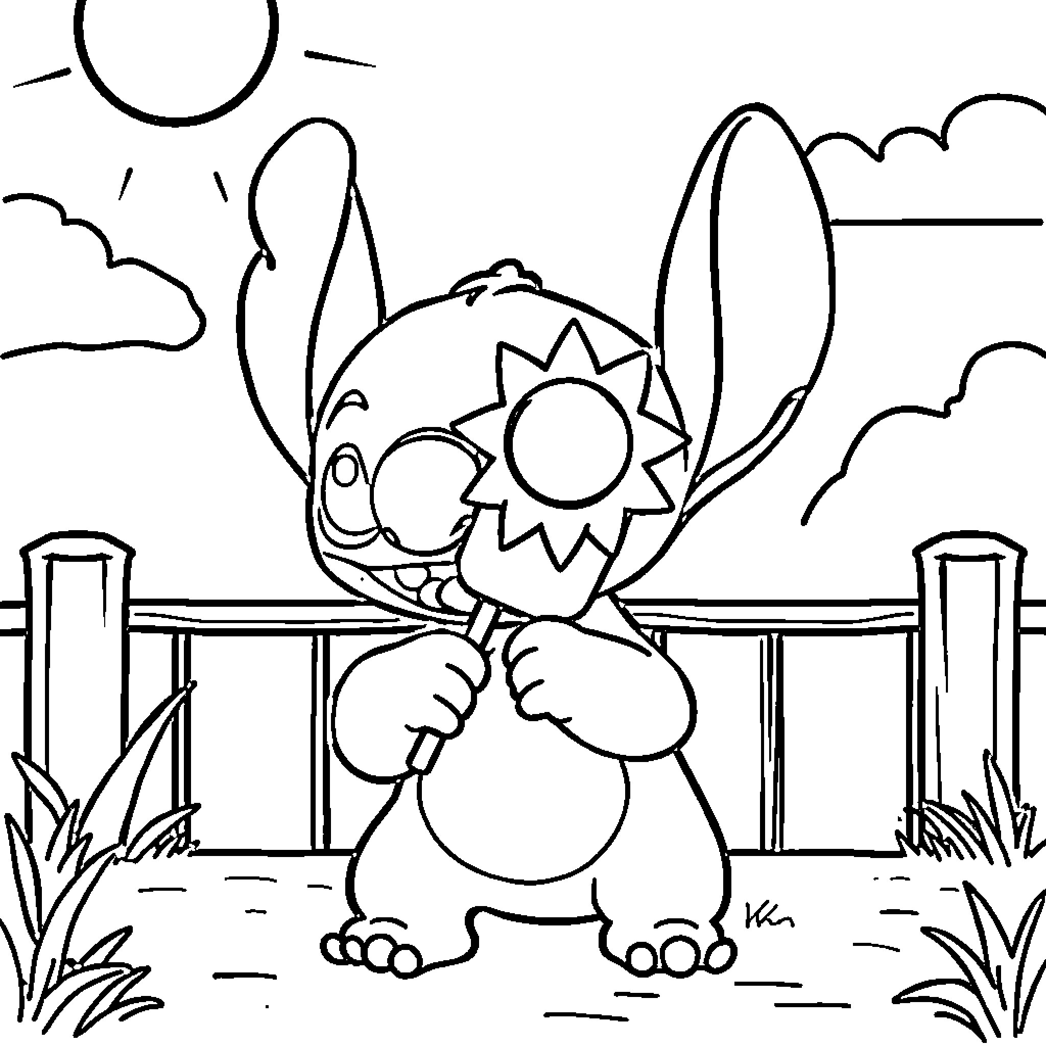 Stitch enjoying the sunny day outdoors Coloring Page (free black-and-white line drawing printable PDF for all, from beginners to advanced learners, including children, teens, adults, and seniors)