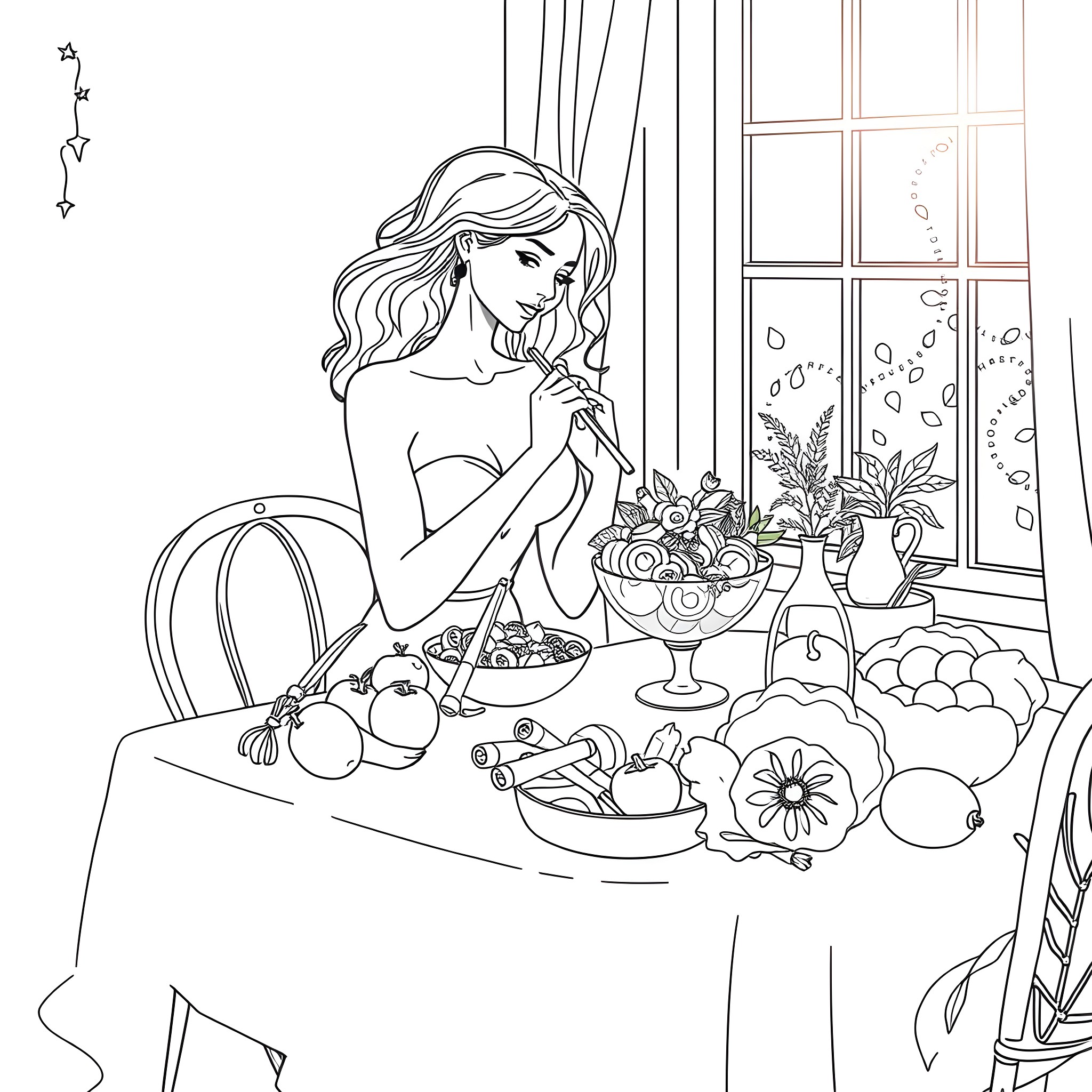 Lady cooking in a cozy kitchen scene Coloring Page (free black-and-white line drawing printable PDF for all, from beginners to advanced learners, including children, teens, adults, and seniors)