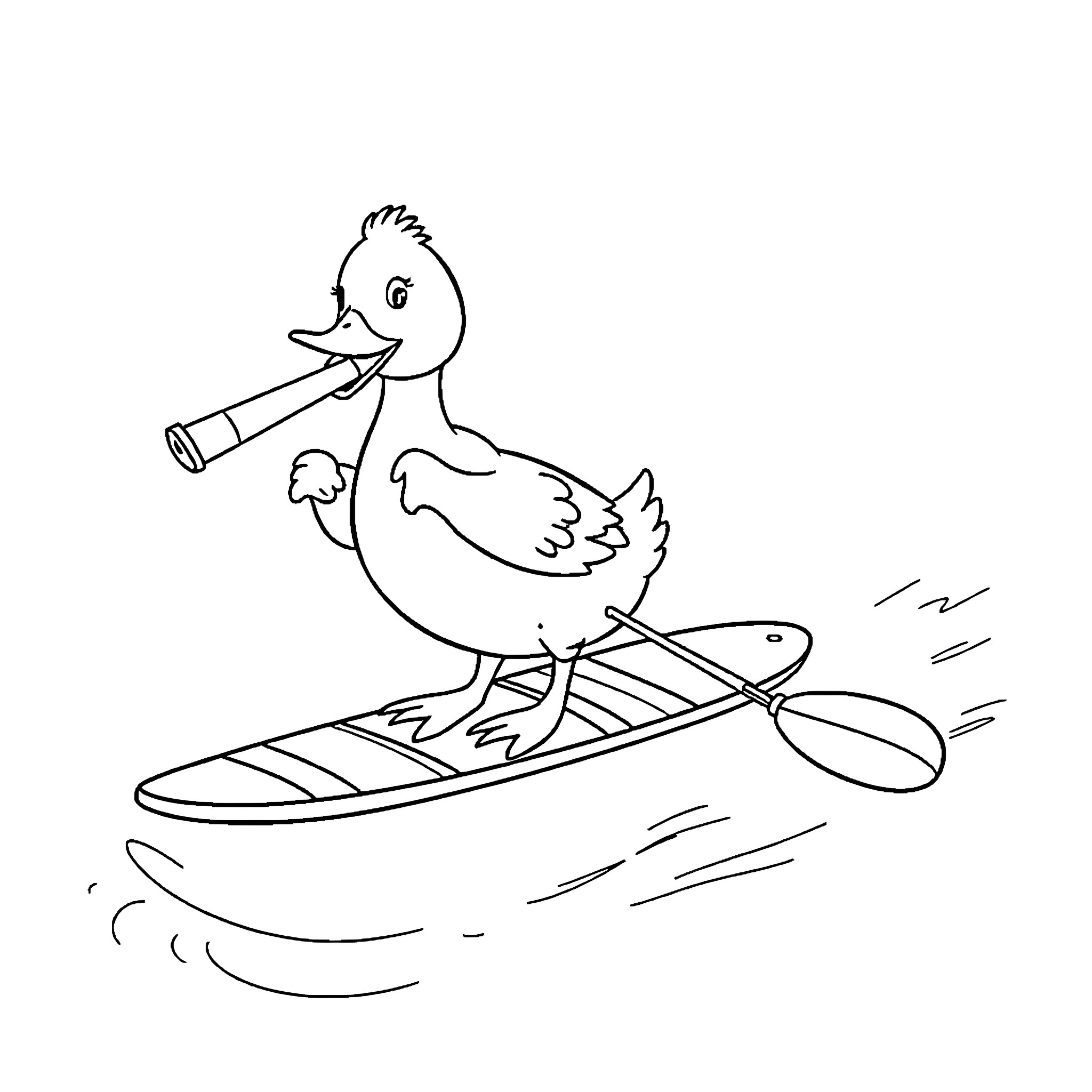Duck riding a surfboard Coloring Page (free black-and-white line drawing printable PDF for all, from beginners to advanced learners, including children, teens, adults, and seniors)