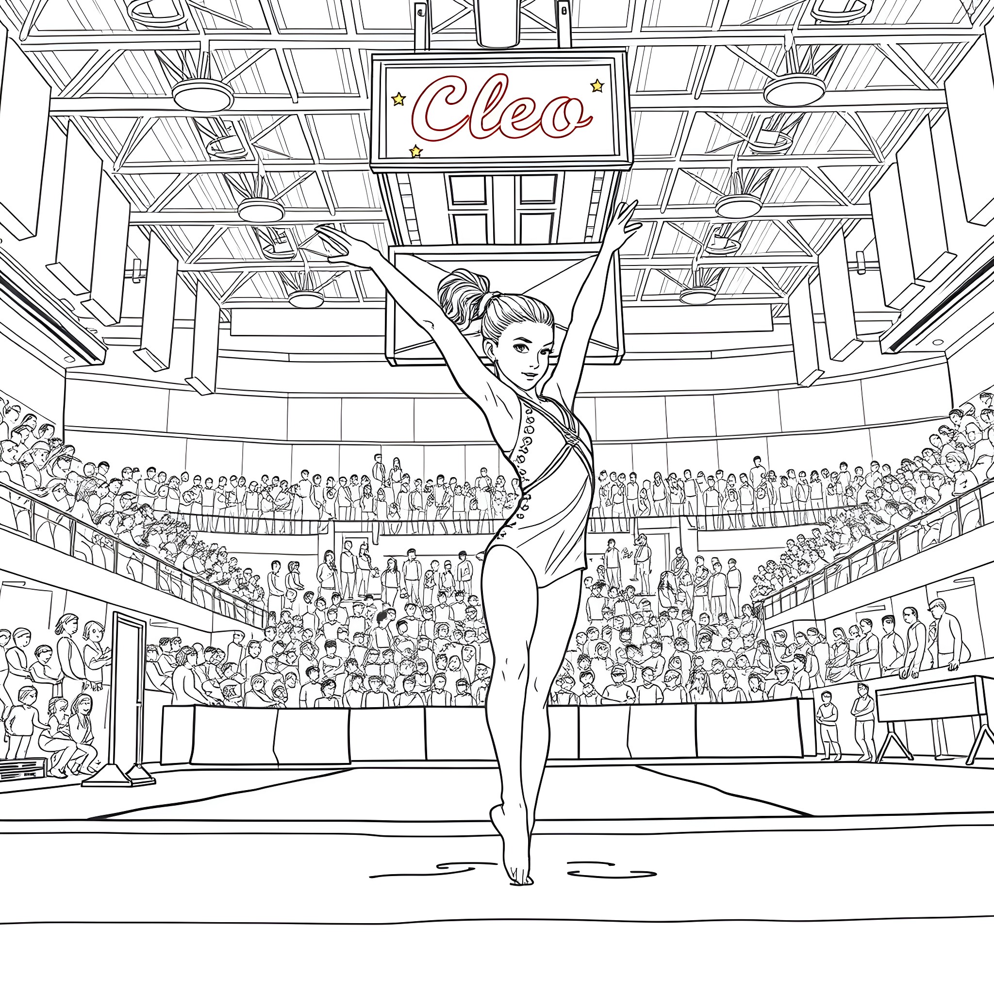 Gymnast performing on stage with crowd Coloring Page (free black-and-white line drawing printable PDF for all, from beginners to advanced learners, including children, teens, adults, and seniors)