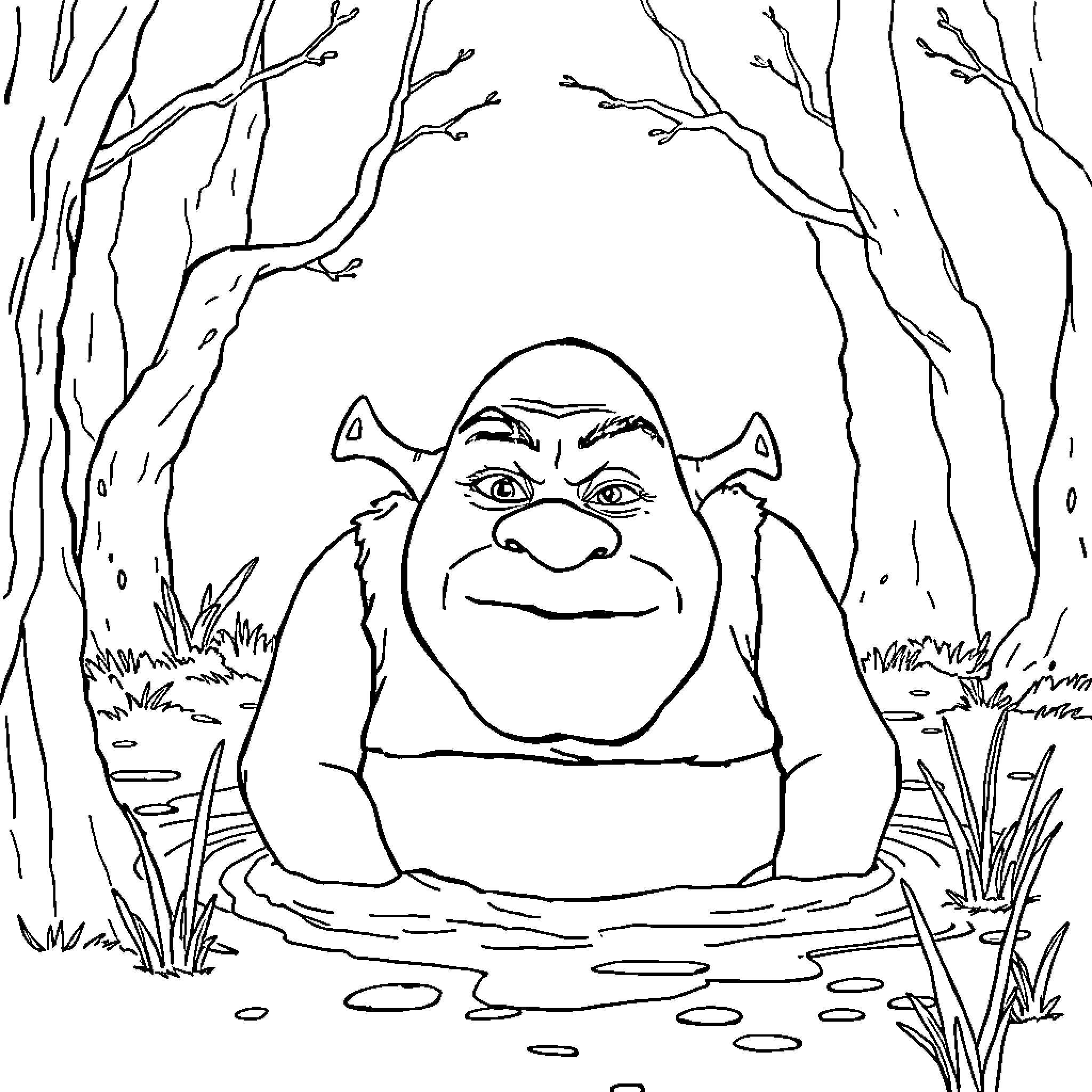 Shrek relaxing in the forest pond Coloring Page (free black-and-white line drawing printable PDF for all, from beginners to advanced learners, including children, teens, adults, and seniors)