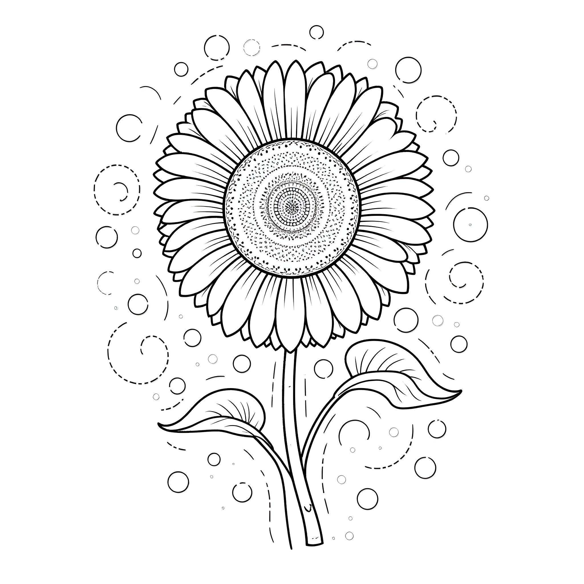 Sunflower blooming with whimsical bubbles Coloring Page (free black-and-white line drawing printable PDF for all, from beginners to advanced learners, including children, teens, adults, and seniors)
