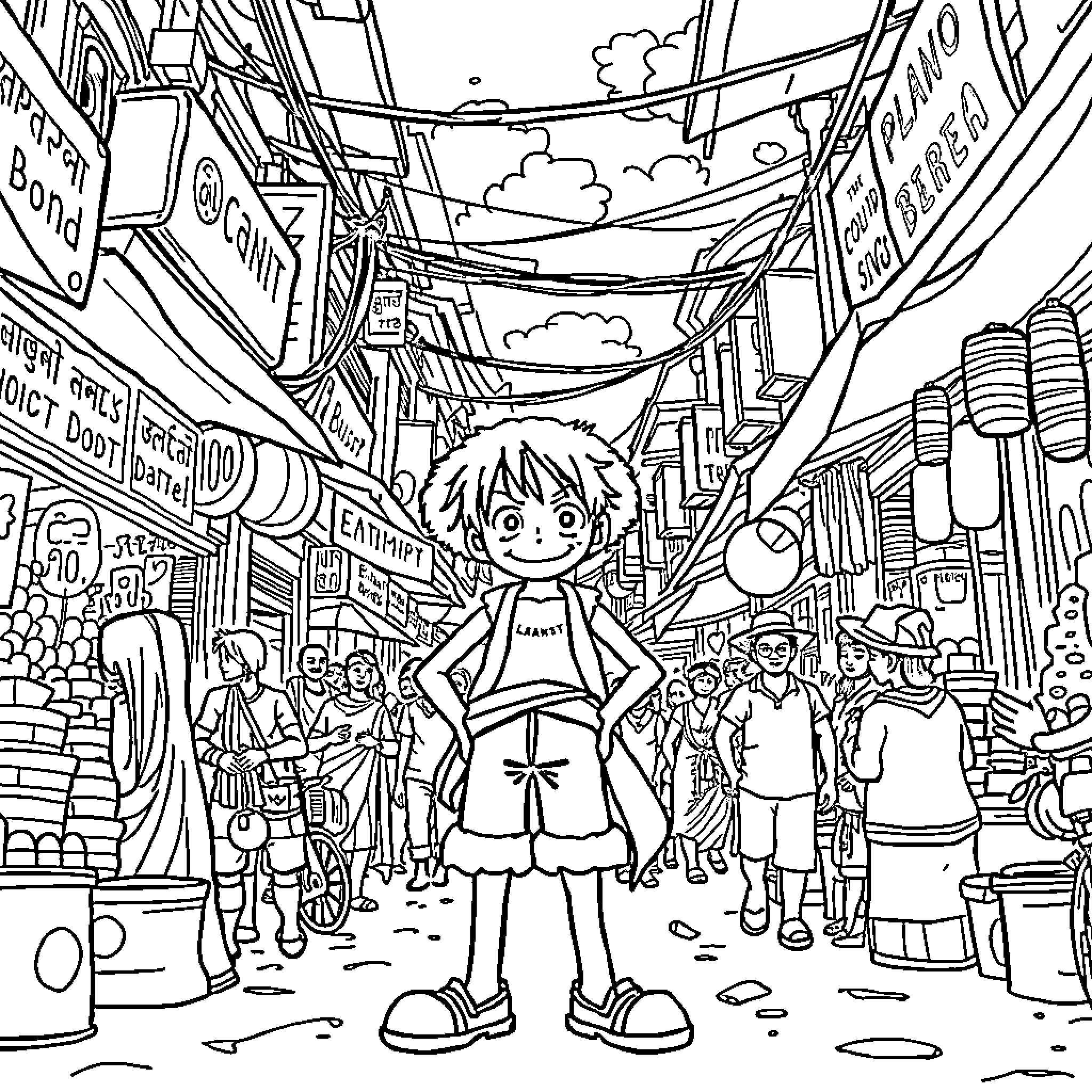Luffy Explores the Lively Market Town Coloring Page (free black-and-white line drawing printable PDF for all, from beginners to advanced learners, including children, teens, adults, and seniors)