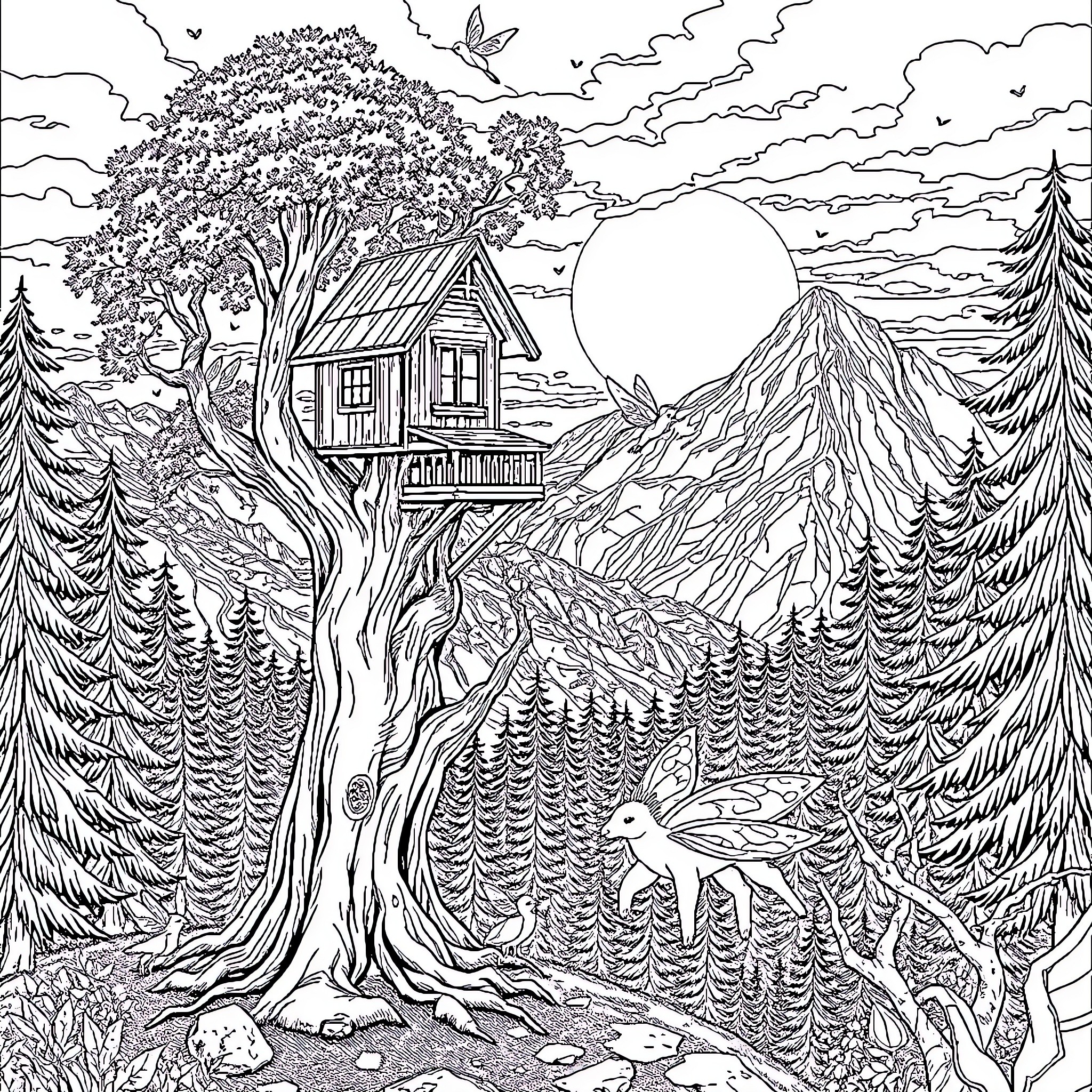 Treehouse in the enchanted forest landscape Coloring Page (free black-and-white line drawing printable PDF for all, from beginners to advanced learners, including children, teens, adults, and seniors)