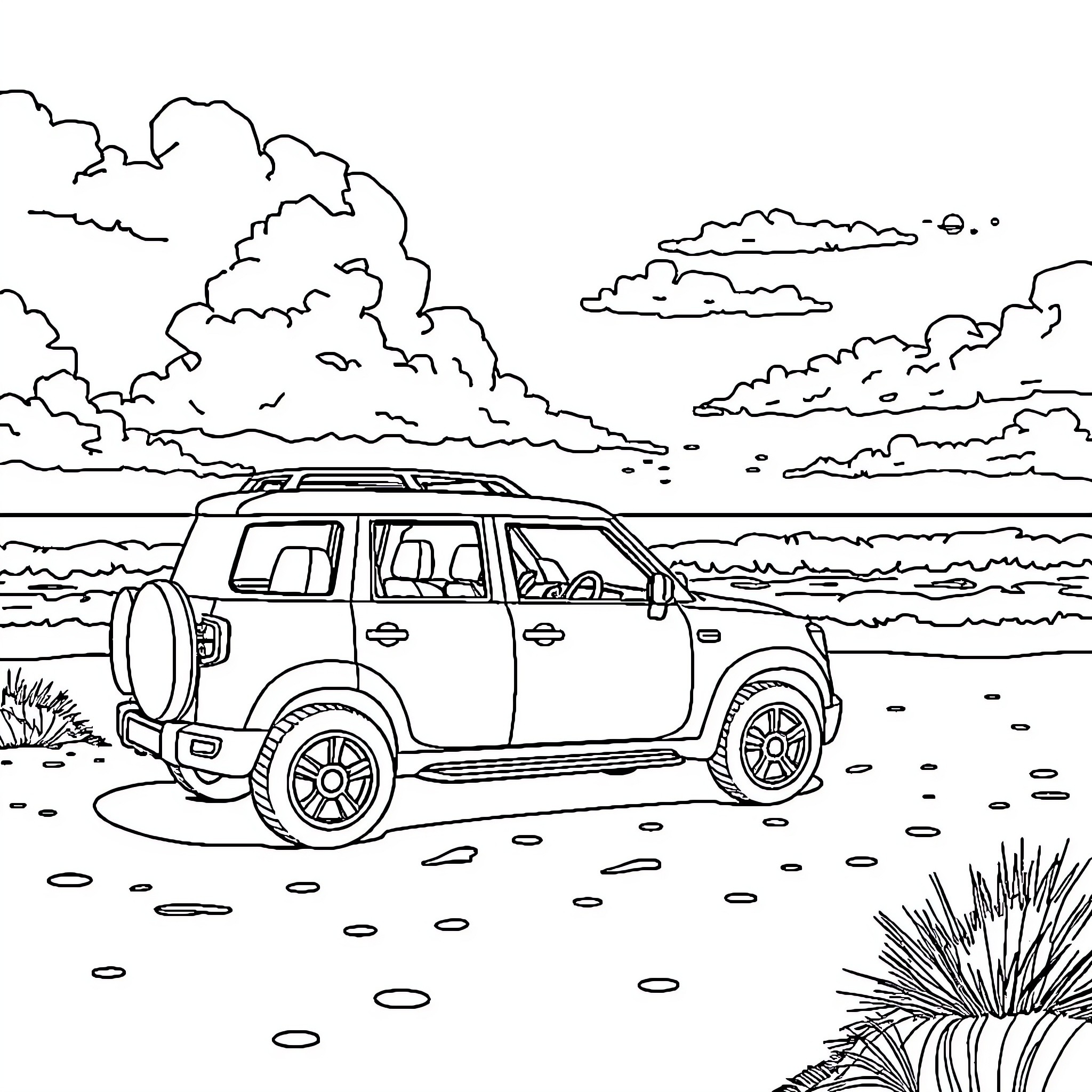 Car on an adventure in the wilderness Coloring Page (free black-and-white line drawing printable PDF for all, from beginners to advanced learners, including children, teens, adults, and seniors)