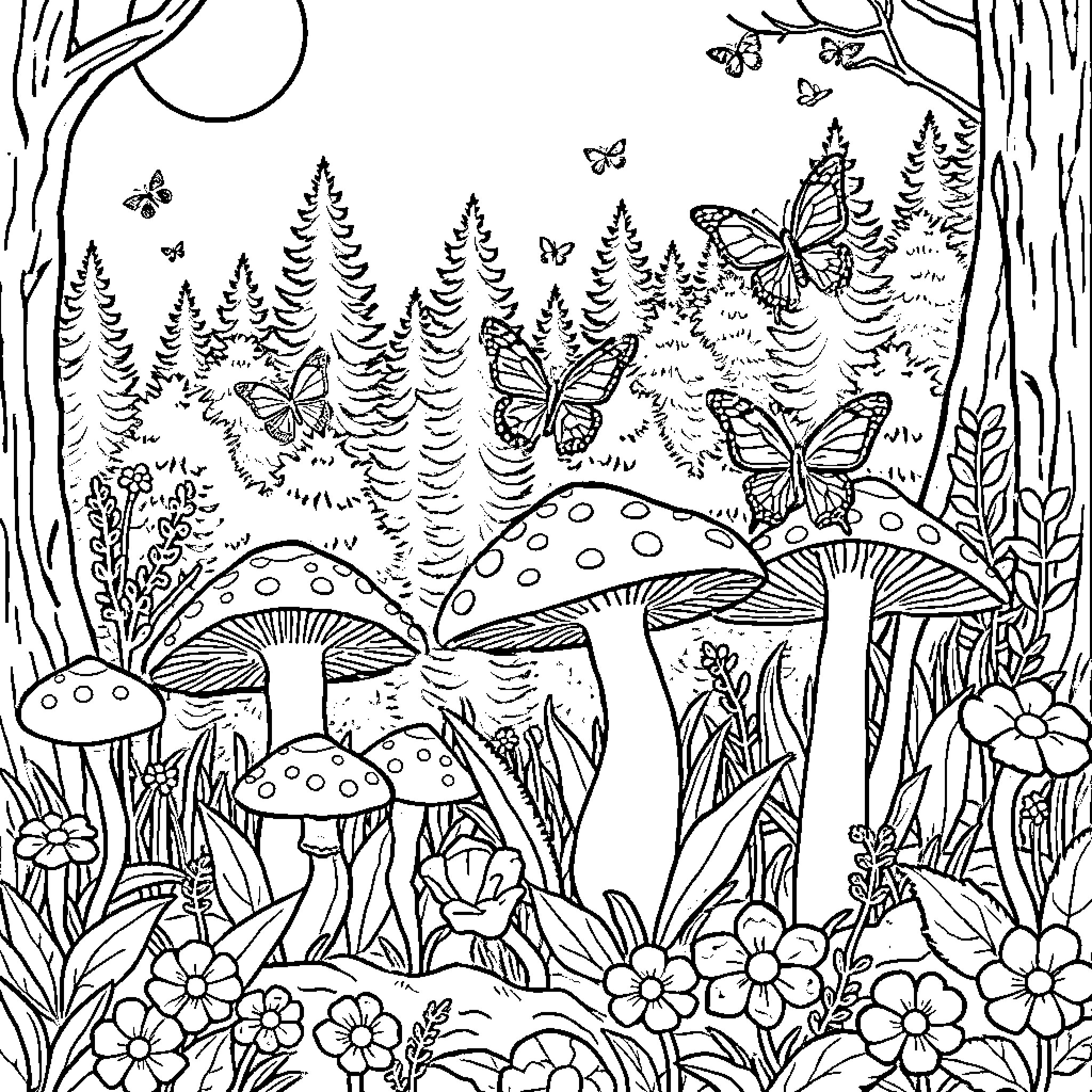Mushroom Forest with Butterflies and Flowers Coloring Page (free black-and-white line drawing printable PDF for all, from beginners to advanced learners, including children, teens, adults, and seniors)