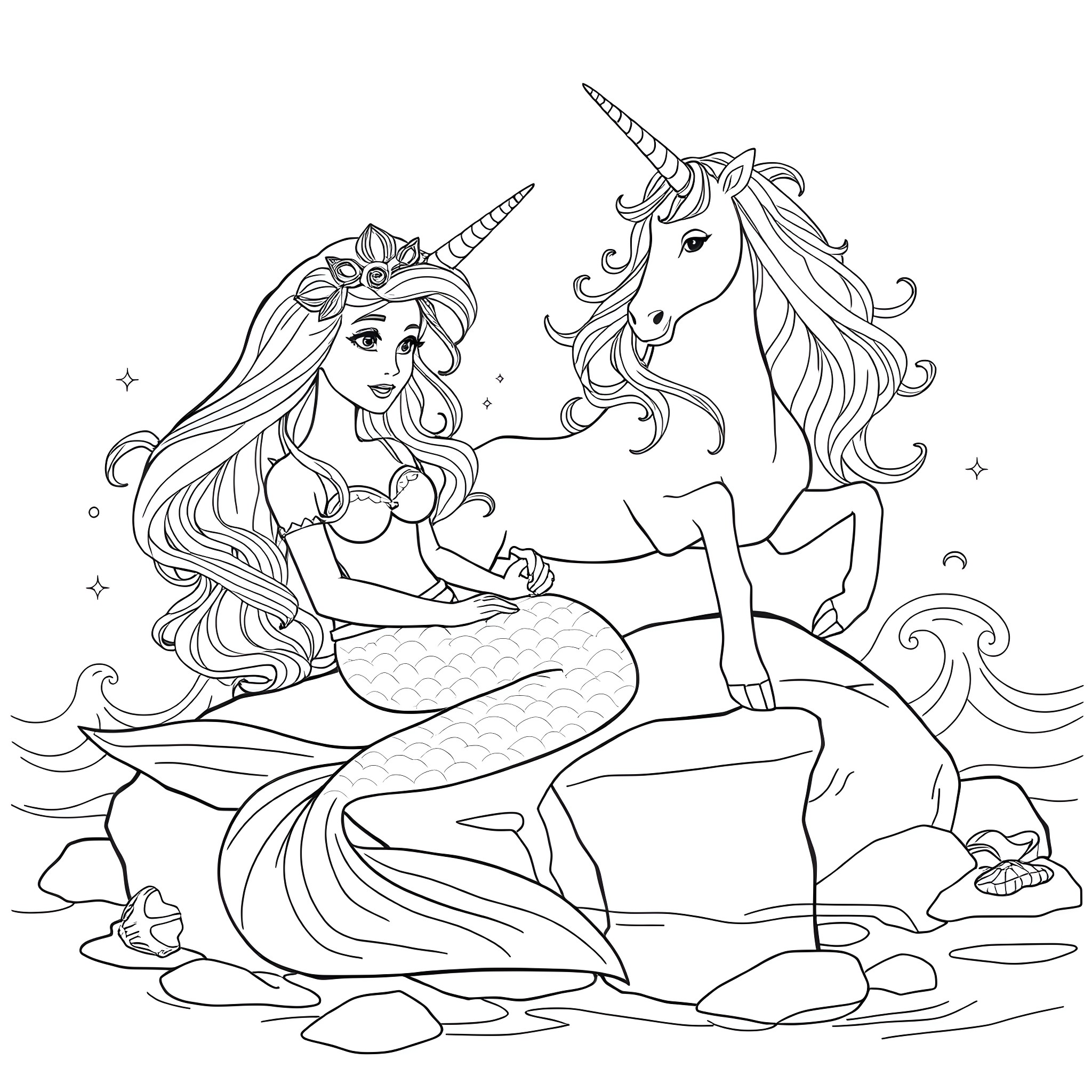 Mermaid Princess and Unicorn in Magical Underwater Scene Coloring Page (free black-and-white line drawing printable PDF for all, from beginners to advanced learners, including children, teens, adults, and seniors)